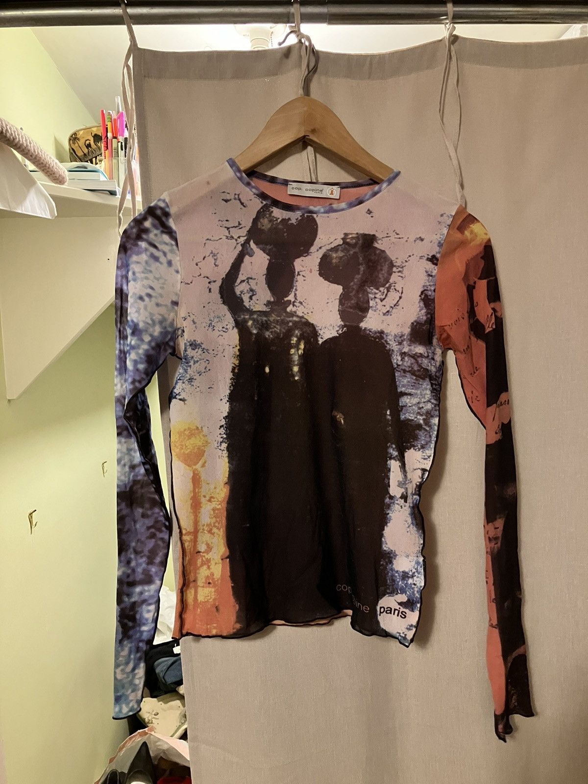 Cop coping graphic sheer long sleeve shirt