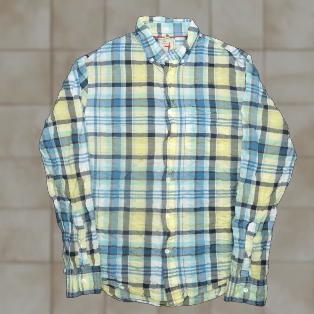 Relwen Shirt Mens Medium Blue Yellow Plaid Lightweight Long Sleeve Seersucker