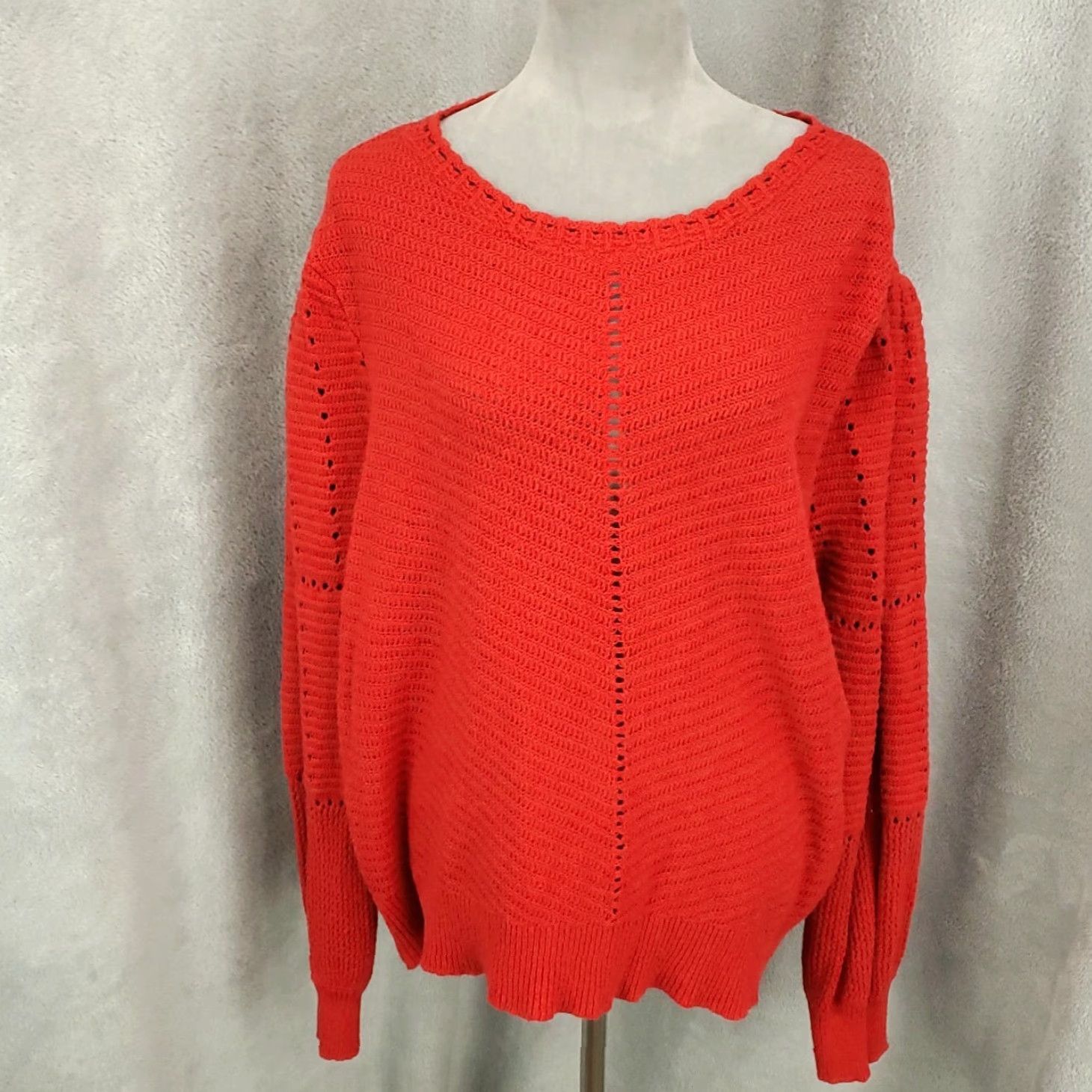 Vintage Womens Red Sweater 2X Pullover Knit Open Puff Sleeve Boat Neck Knit Style Boho Knox Rose Size XXL / US 16-18 / IT 52-54 - 2 Thumbnail