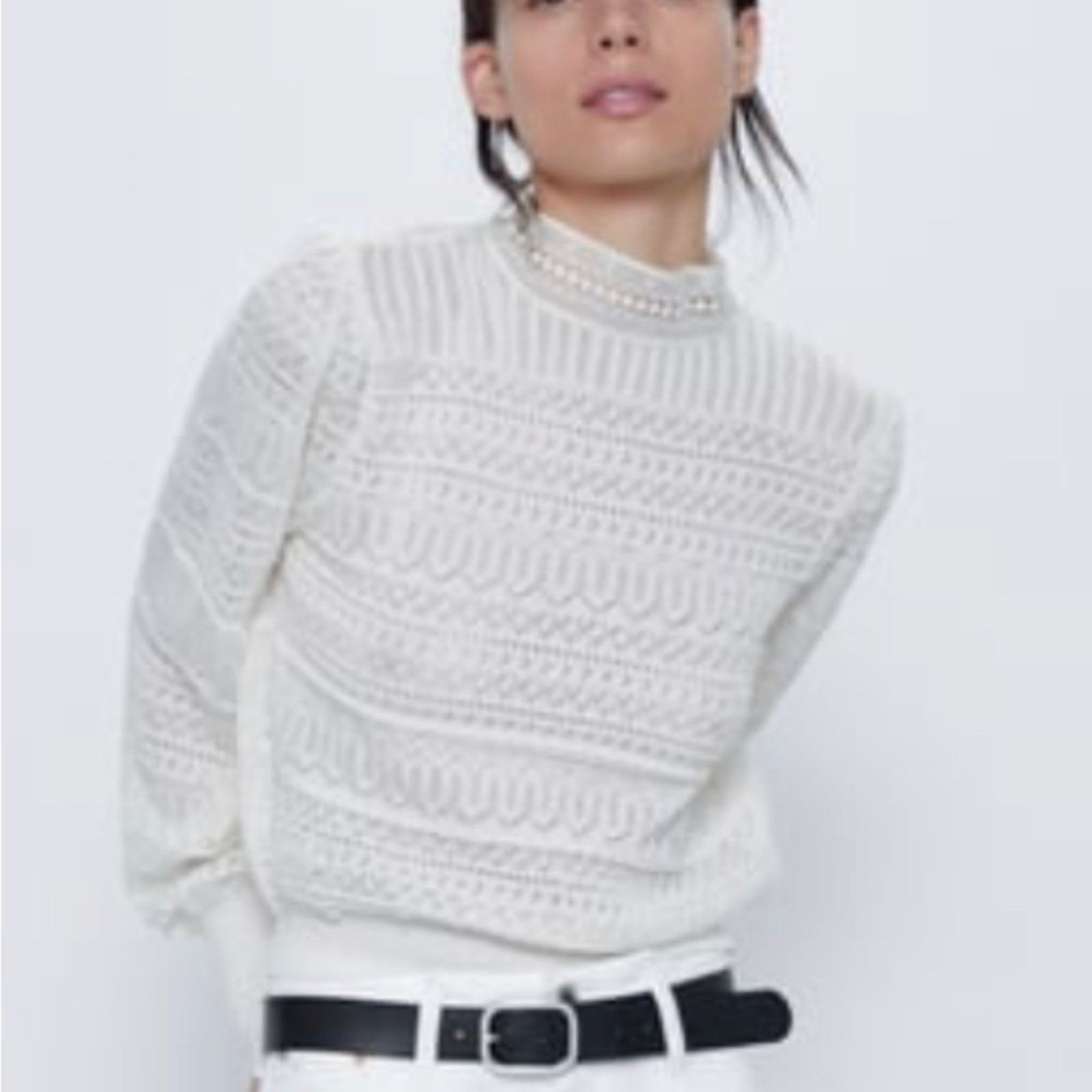 Zara Zara ecru lace knit pointell open knit sweater size Large Size L / US 10 / IT 46 - 1 Thumbnail