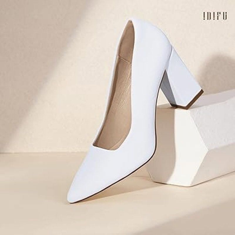Other Idifu Women's Size 7.5 White Pointy Toe Block Heel Pumps Size US 7.5 / IT 37.5 - 4 Thumbnail