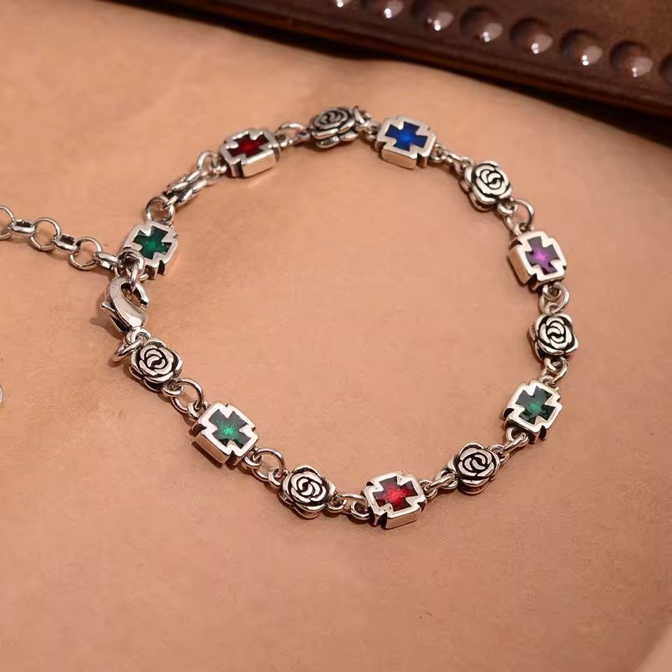 Jewelry Sweet Rose Flower Cross Shiny Colorful Crystal Bracelet Size ONE SIZE - 3 Thumbnail