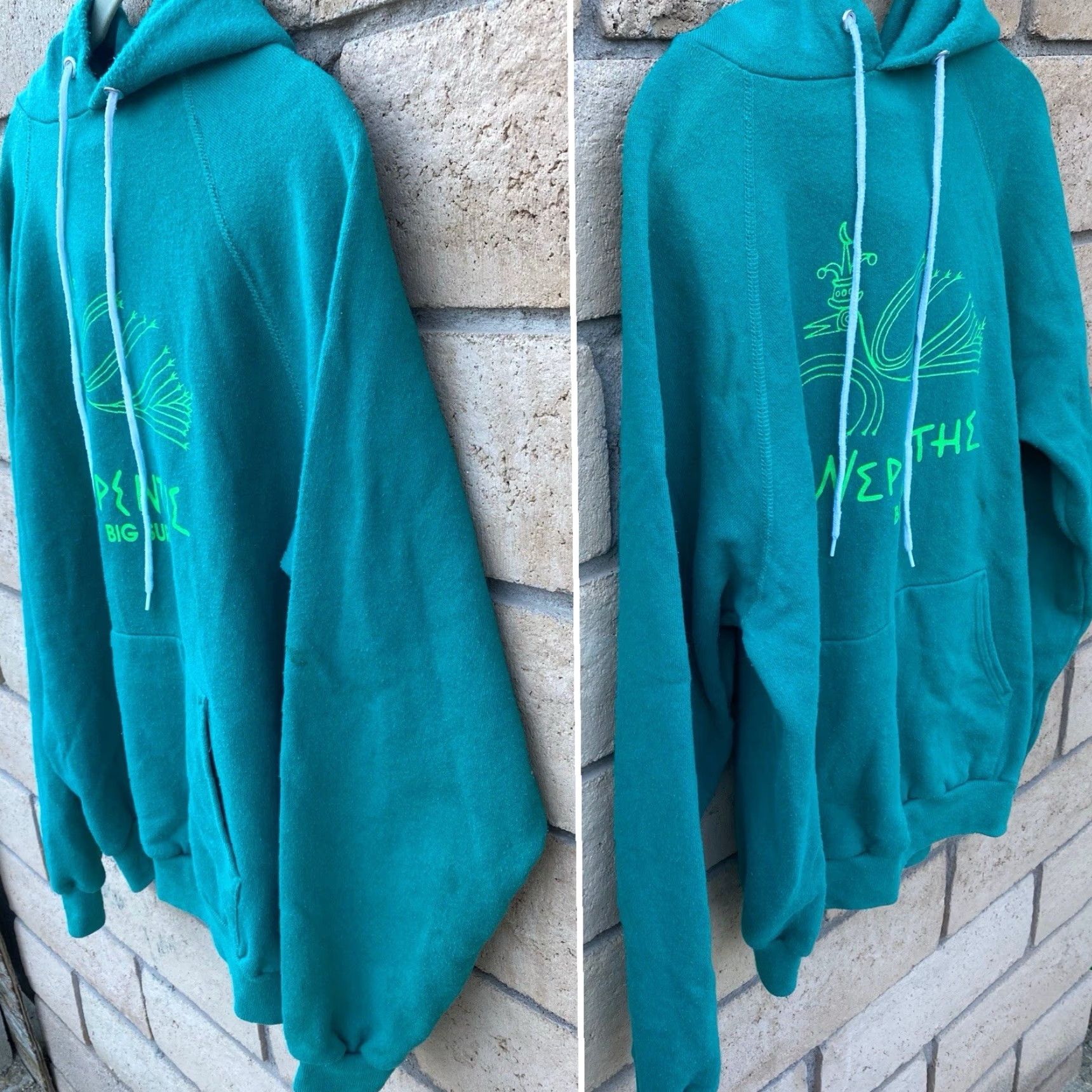 Hanes VINTAGE Hanes Nepenthe Big Sur Raglan Hoodie Sweatshirt Pullover Sweater Jumper Size L Green Graphic Print Men Hoodie Pullover 90s Mens Size US L / EU 52-54 / 3 - 3 Thumbnail