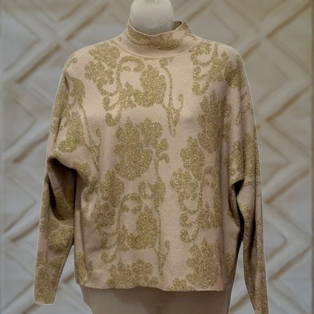 Vintage Sioni Metallic Gold Floral Glitter Mock Neck Sweater M - Glamorous Knit Size M / US 6-8 / IT 42-44 - 1 Thumbnail