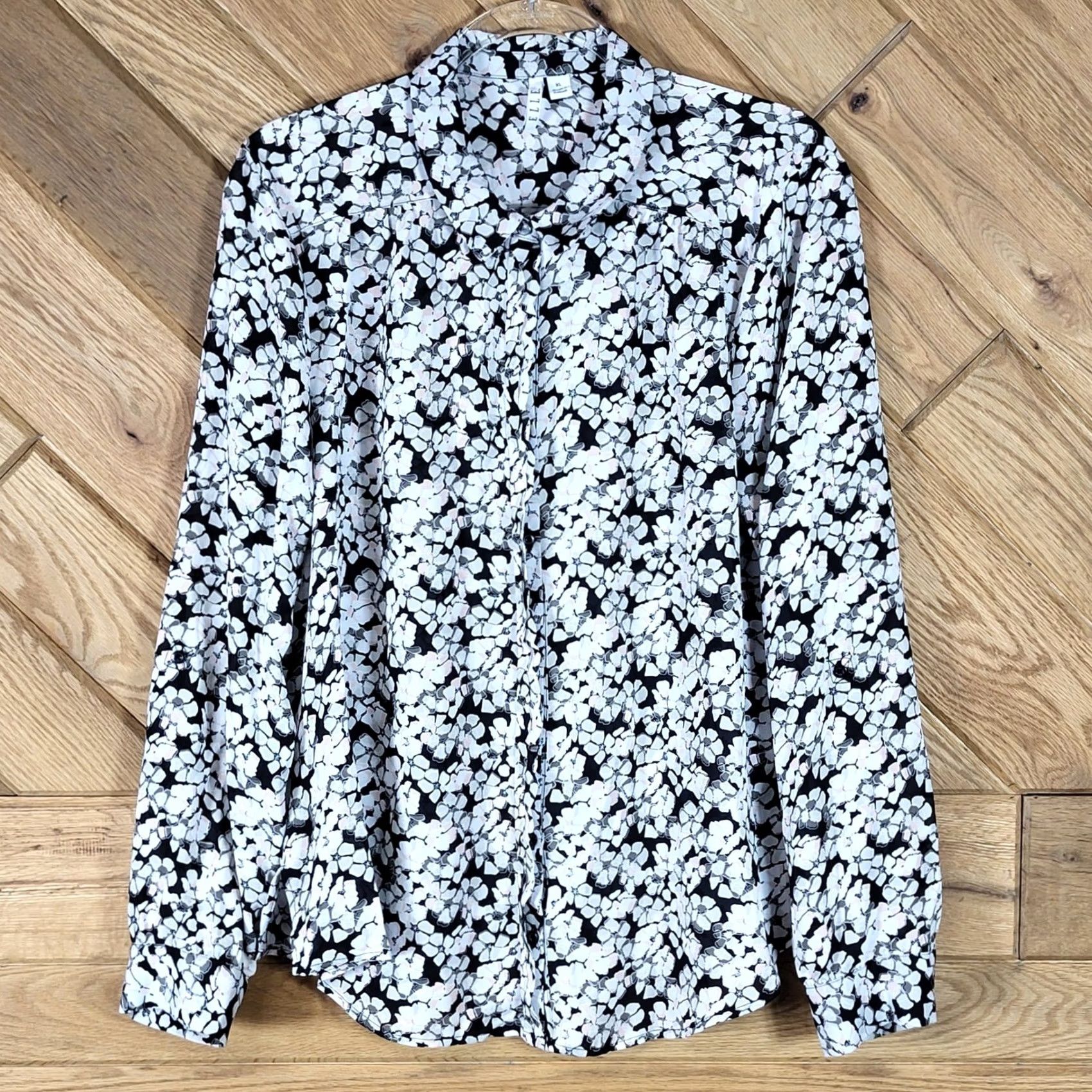 Vintage ELLE Shirt Women XL Black White Floral Geometric Print Long Sleeve Button Down Size XL / US 12-14 / IT 48-50 - 2 Thumbnail