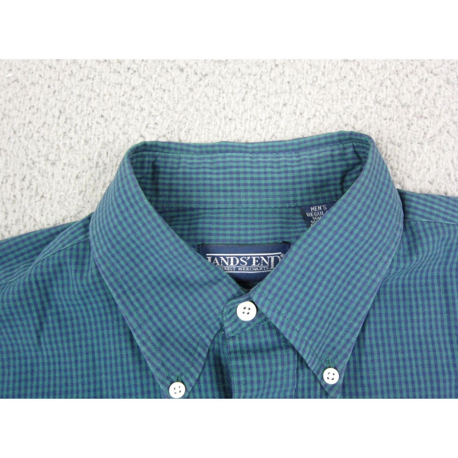 Lands' End Lands' End Shirt Button-Up Long Sleeve Blue Green Gingham Check Mens Size Large 16 Casual Vintage (Adult) Size US L / EU 52-54 / 3 - 3 Thumbnail