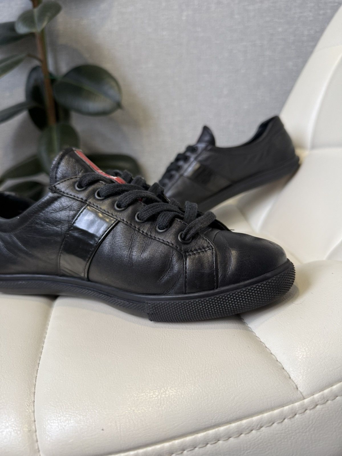 Prada Prada Black Leather Low-Top Sneakers with Red Stripe Logo Size US 7 / IT 37 - 7 Thumbnail