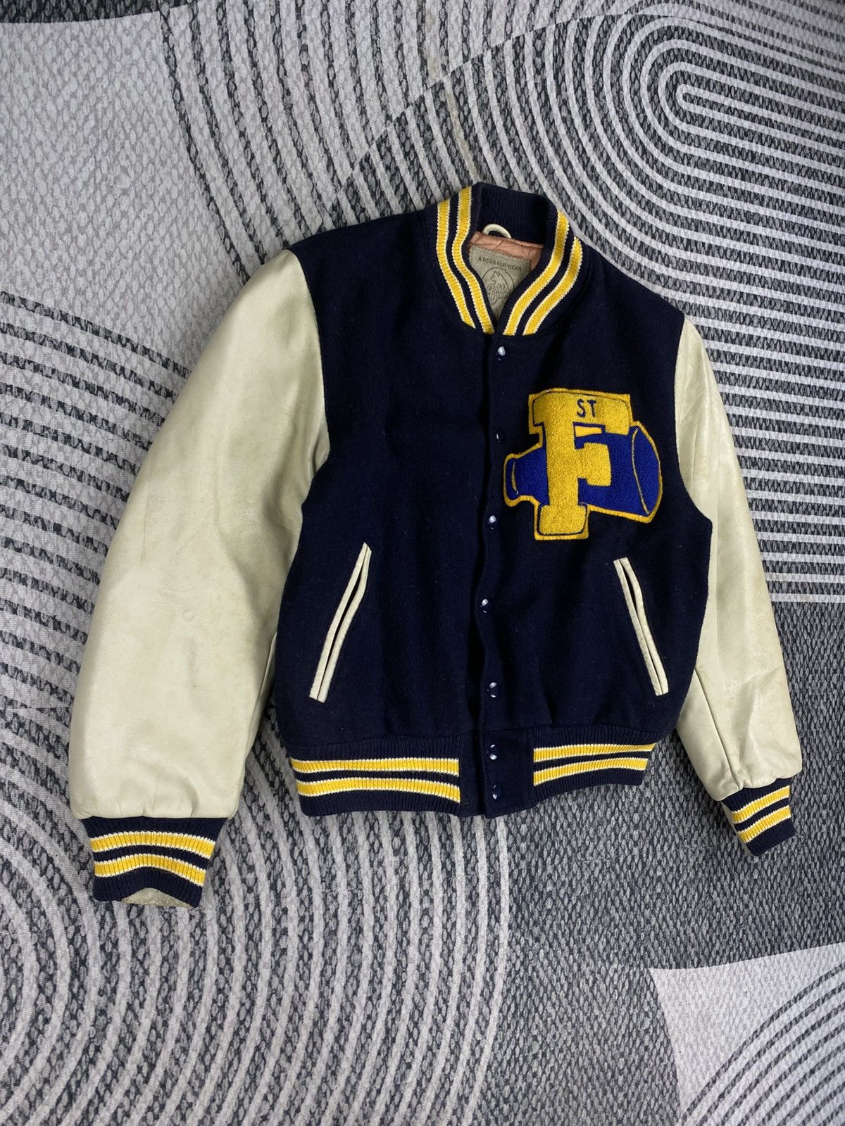 Golden Bear 🔥Vintage 80s Golden Bear Leather Sleeve Varsity Jacket Size US M / EU 48-50 / 2 - 3 Thumbnail