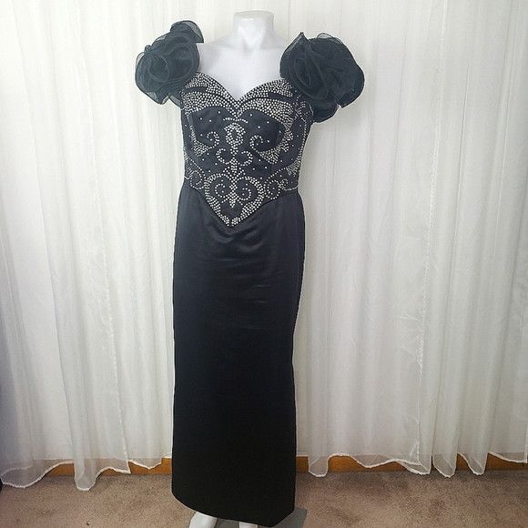 Vintage Rose Taft black satin gown Rhinestone bodice puff