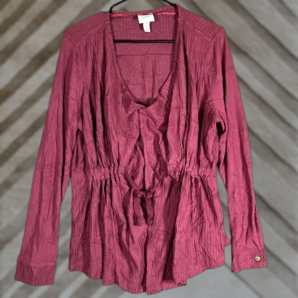 Vintage Knox Rose Womens Blouse Burgundy Waist Tie Peplum Long Sleeve Stretch Large Size L / US 10 / IT 46 - 1 Thumbnail