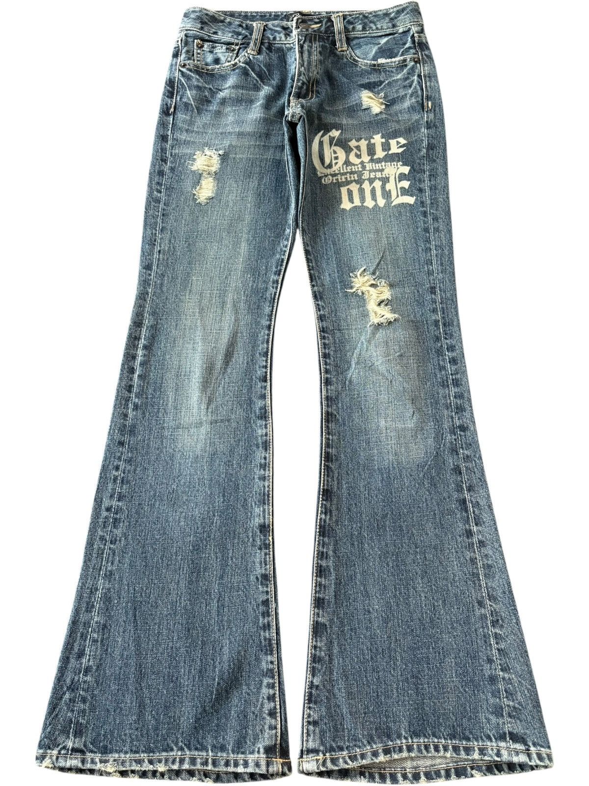 Vintage Japanese Oririn Printed Distress Flare Jeans