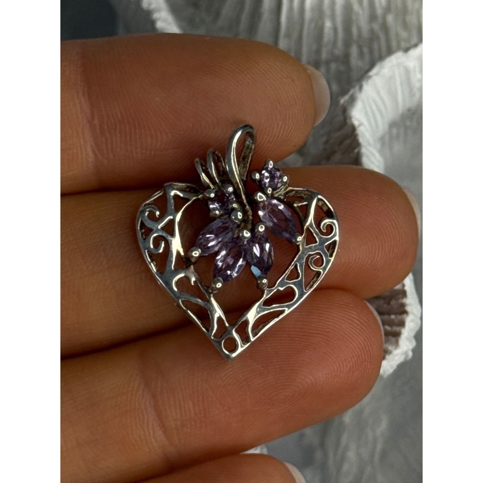 Jewelry 925 STERLING SILVER AMETHYST HEART PENDANT LENGTH 1 INCH Size ONE SIZE - 5 Thumbnail