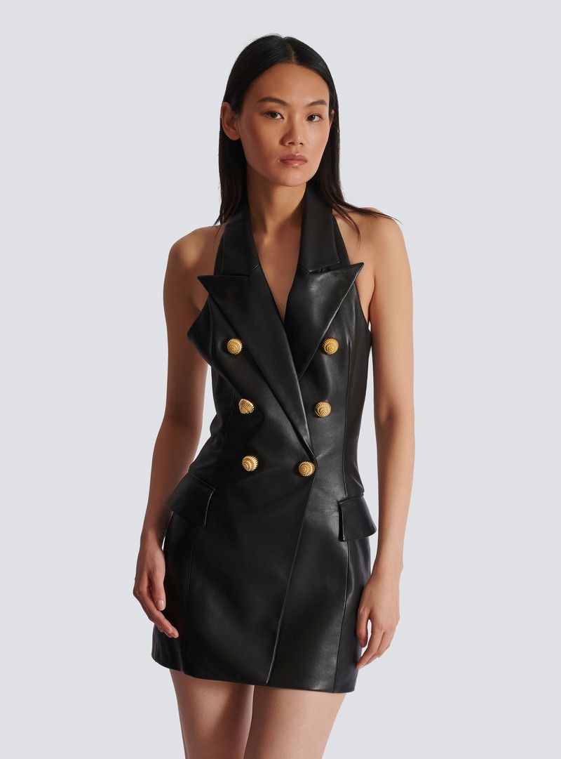 Balmain o1srvl11e1125 Lambskin Leather Halterneck Dress in Black Size L / US 10 / IT 46 - 6 Thumbnail