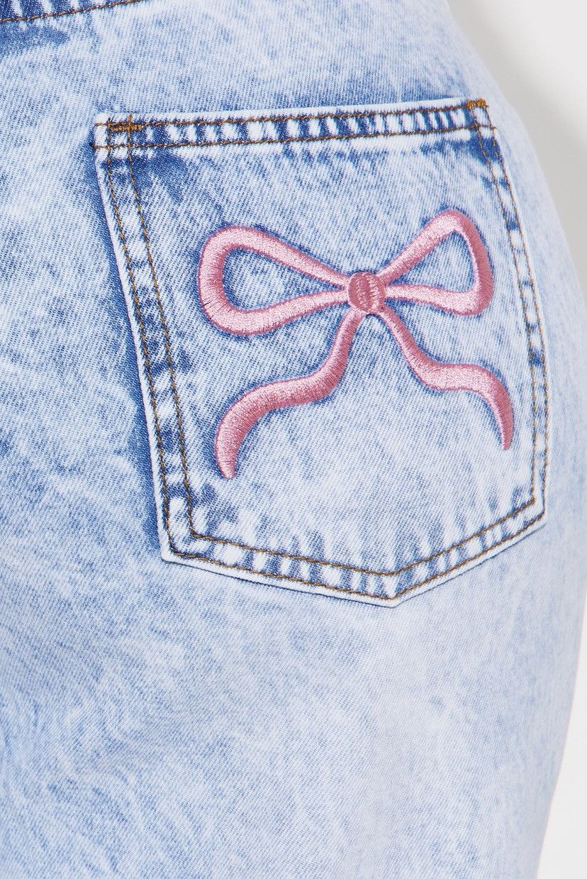 Fashion Nova Bow Cutie Embroidered Straight Leg Jeans - Light Wash Size 34" / US 12 / IT 48 - 5 Thumbnail