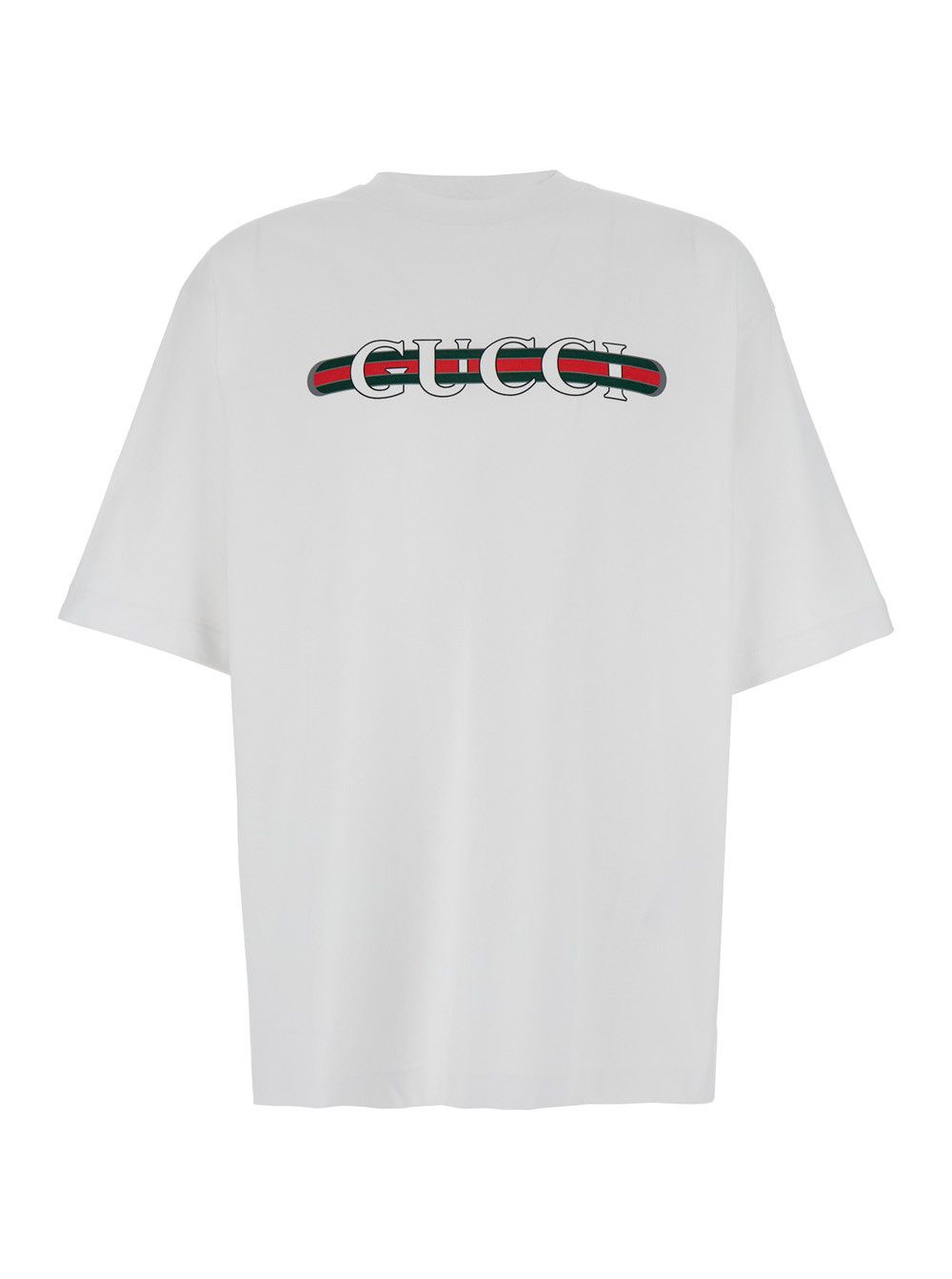 Gucci White Crew Neck T-Shirt with Gucci and Web Print in Cotton Man Size US M / EU 48-50 / 2 - 1 Thumbnail