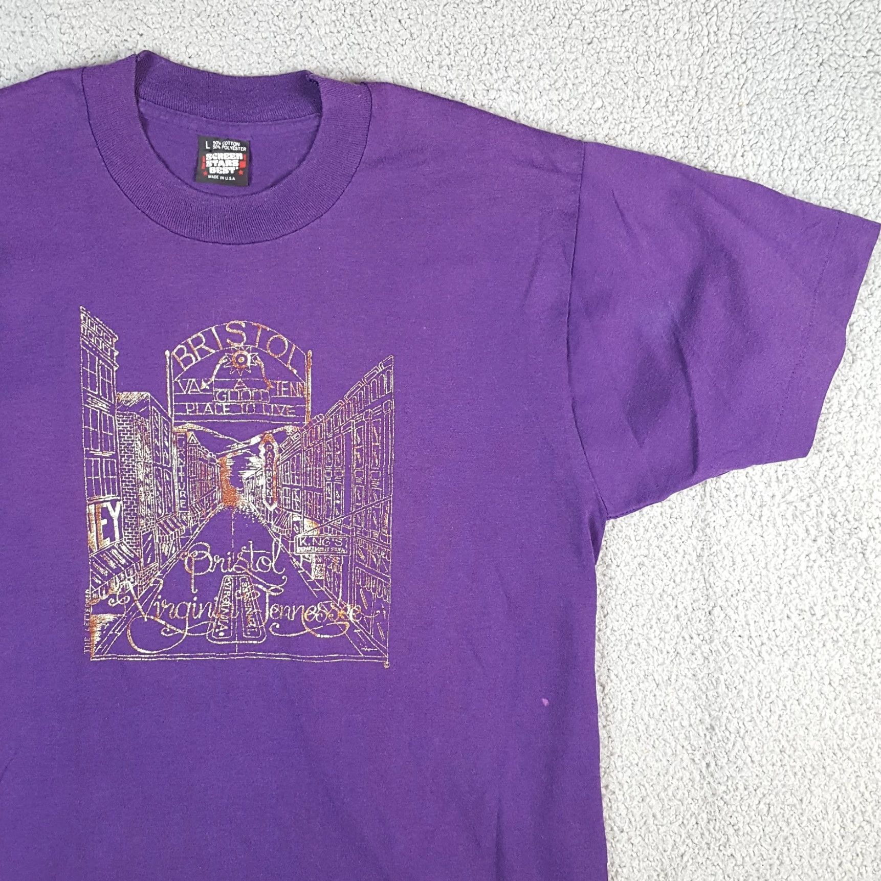Vintage VINTAGE Bristol VA 90s Gold Sign T Shirt - Travel Landmark Virginia - Screen Stars - Size S - Purple - Cotton - Short Sleeve - Embroidered Logo - Men Size US S / EU 44-46 / 1 - 4 Thumbnail