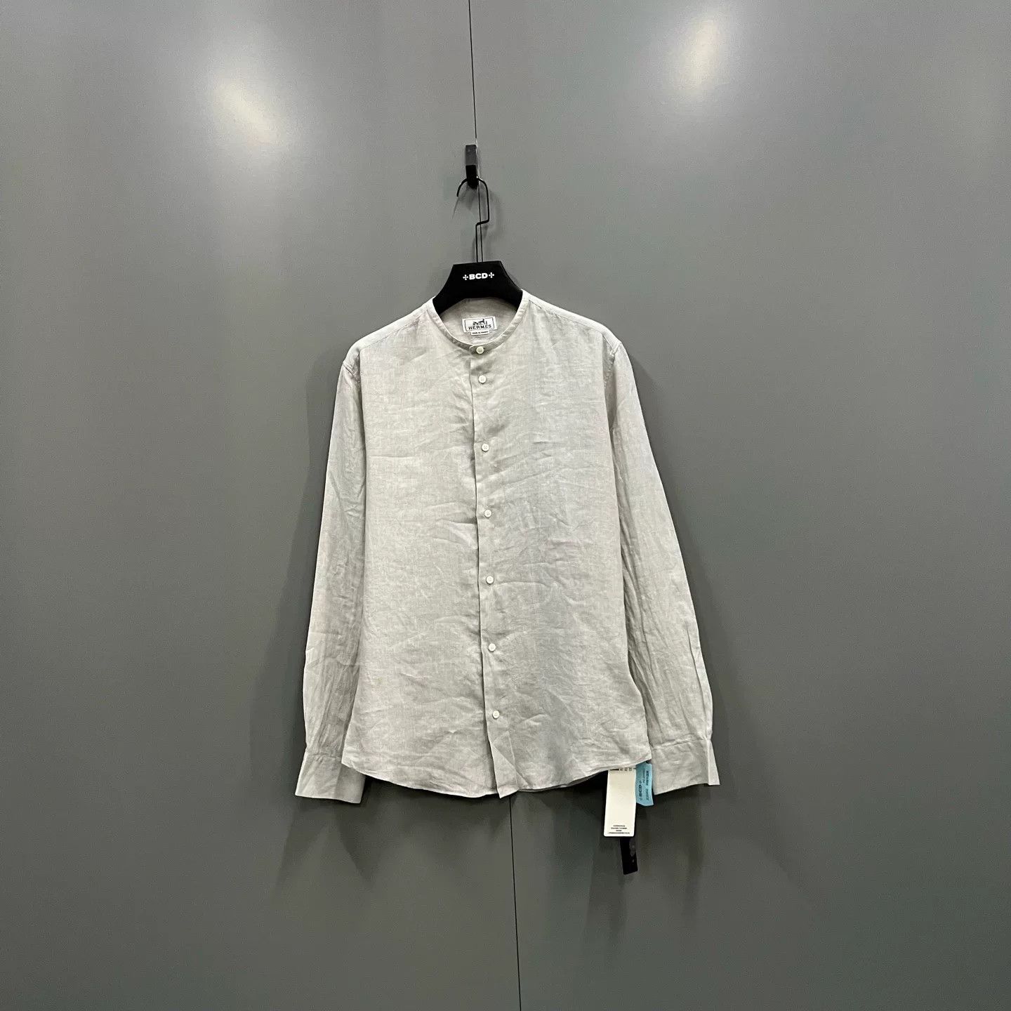 HERMES Solid Round Neck Cotton-Linen Shirt