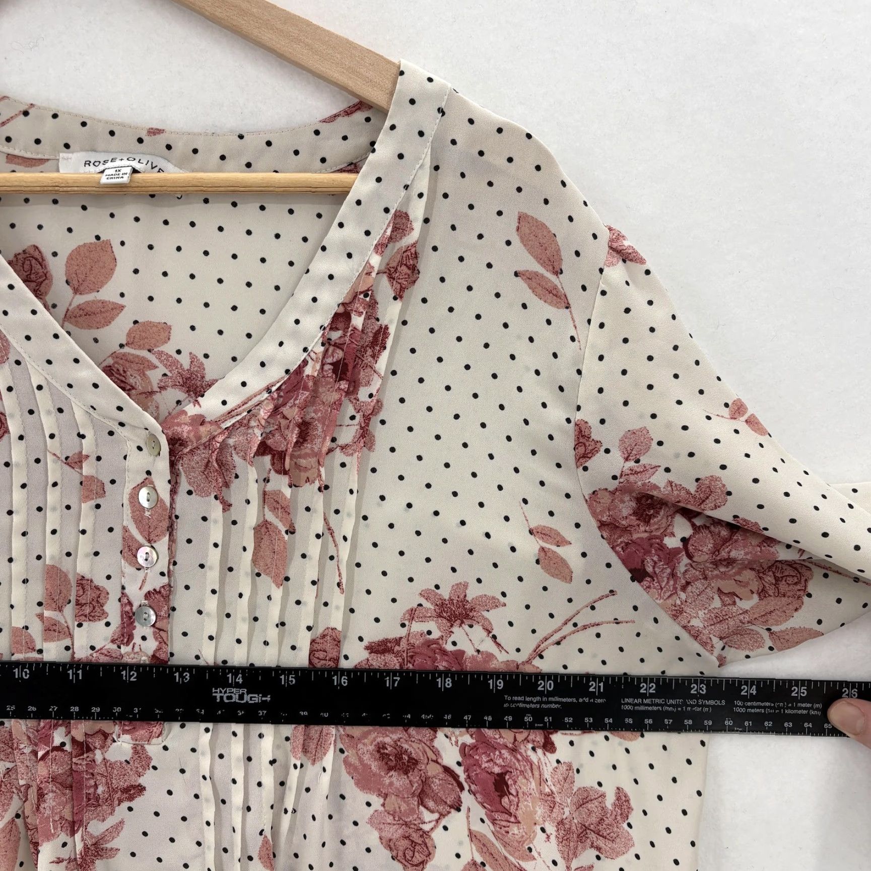 Vintage Rose + Olive Blouse Womens 1X Plus White Floral Dot V Neck 3/4 Sleeve Tunic Top Size XL / US 12-14 / IT 48-50 - 6 Thumbnail