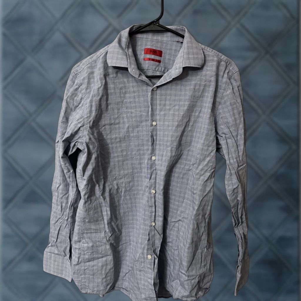 Hugo Boss HUGO BOSS Shirt Mens Large Sharp Fit Blue Plaid Dress Shirt Cotton Size 42R - 1 Thumbnail