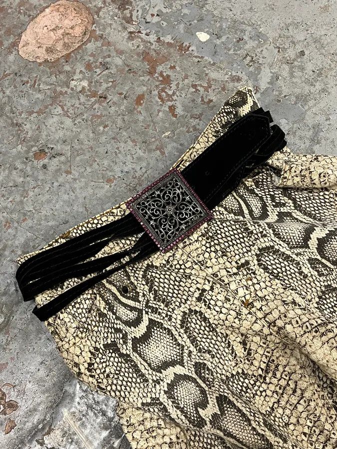 Designer × Roberto Cavalli × Vintage 2000s Roberto Cavalli Square Paved Relic Buckle Frange Suede Leather Belt Size ONE SIZE - 1 Thumbnail