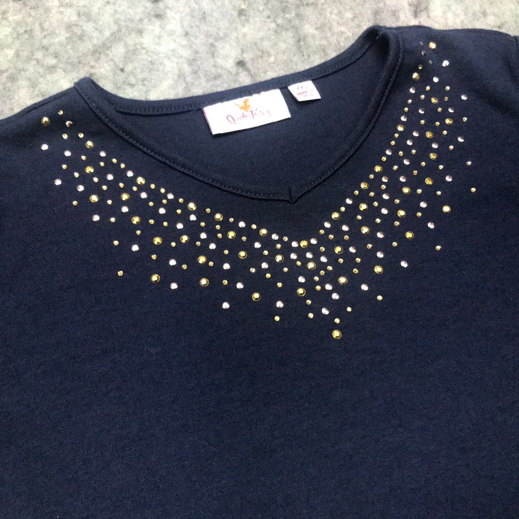 Quacker Factory Quacker Factory V-Neck Shirt Womens XX-Small Blue Rhinestones Embellished Cotton Blend Knit Short Sleeve Size XXS / US 00 / IT 34 - 2 Thumbnail