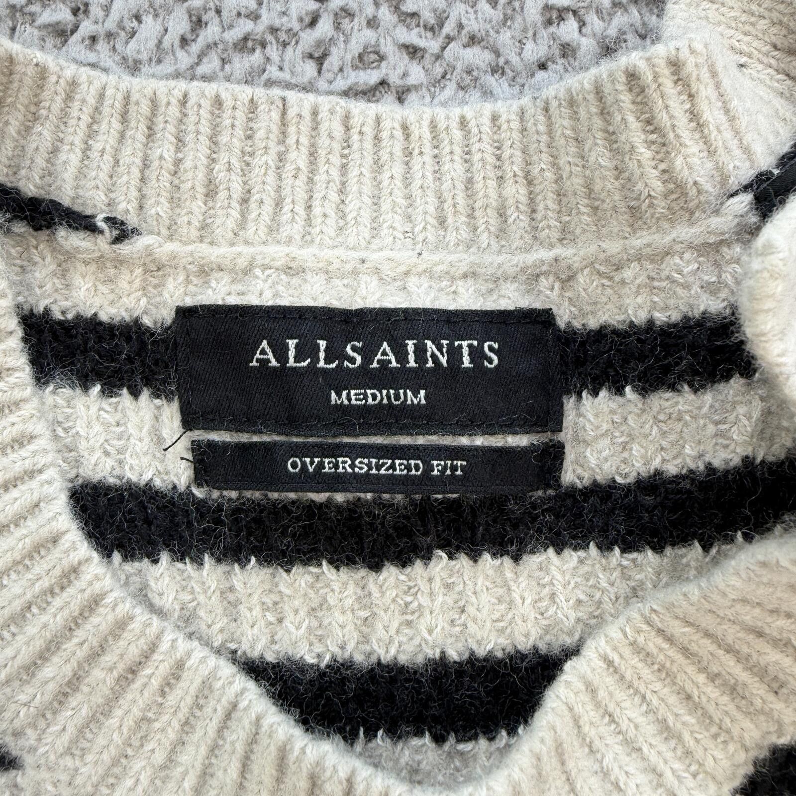 Allsaints ALLSAINTS Black Cream Striped Wool Blend Crewneck Sweater M Size US M / EU 48-50 / 2 - 3 Thumbnail