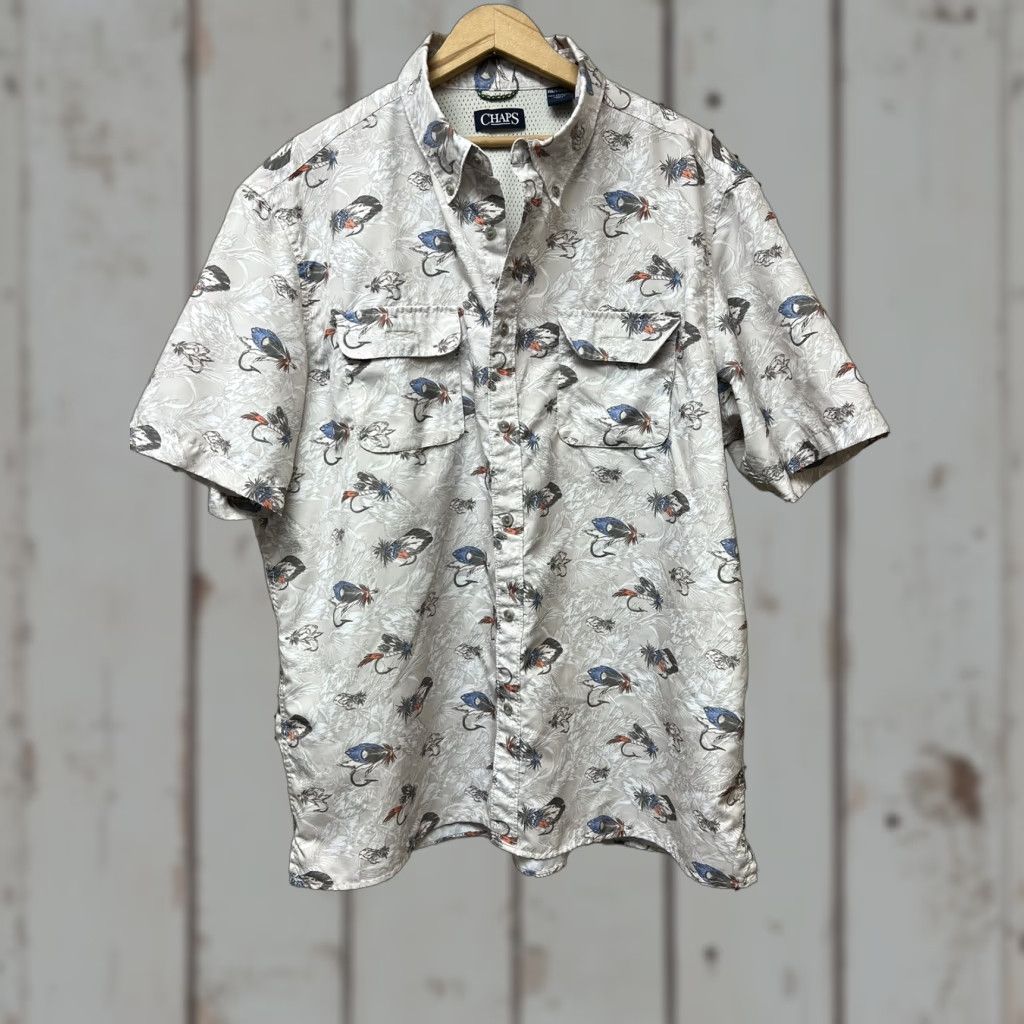 Chaps Chaps Mens 2XL Button-Up Fishing Shirt Vented Allover Print Caped Short Sleeve Floral Fish Outdoor Breathable Lightweight Easy Care Beige Caped? Size US XXL / EU 58 / 5 - 1 Thumbnail