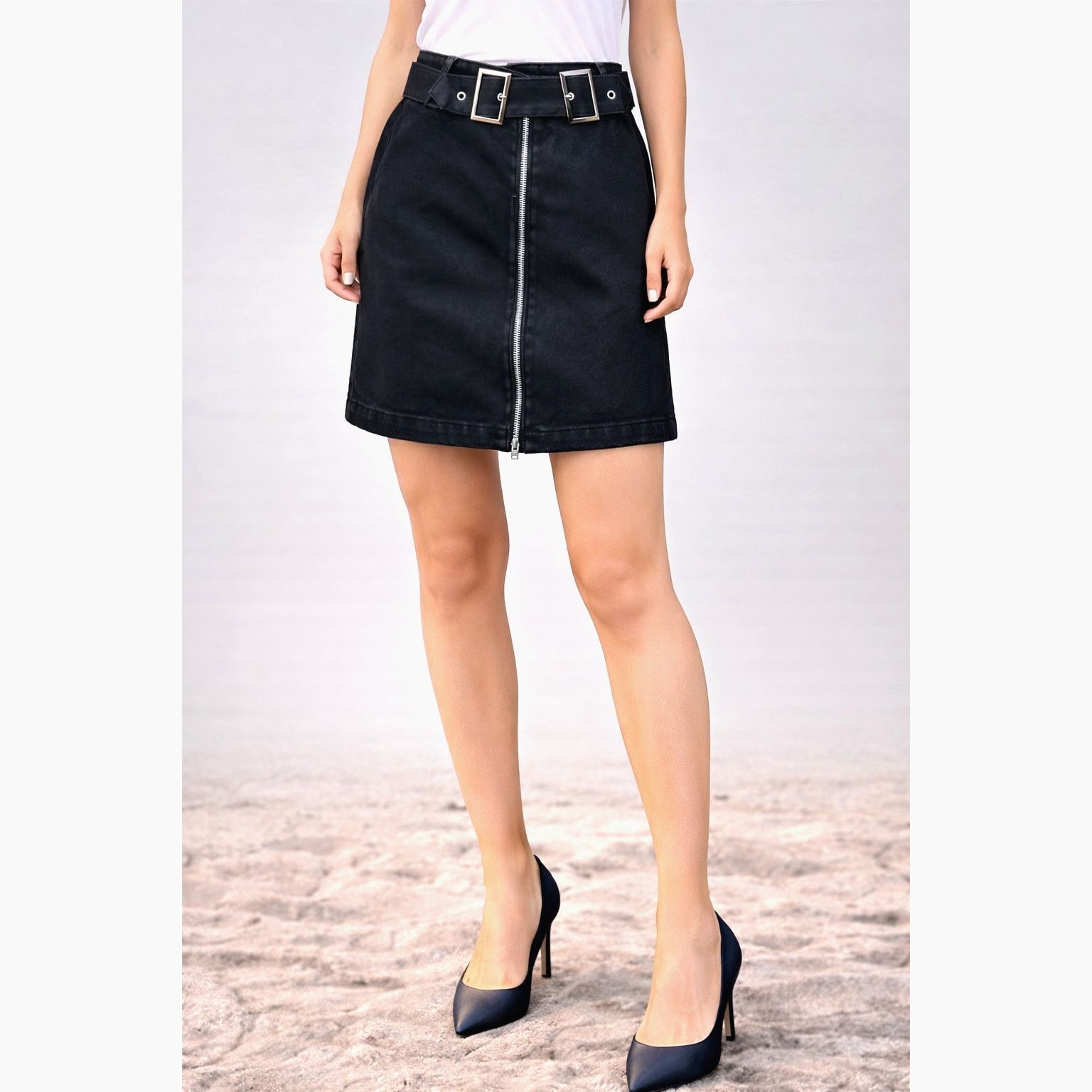Other Black Denim Belted Zipper Front FashionNova Mini Skirt S Size 30" / US 8 / IT 44 - 1 Thumbnail