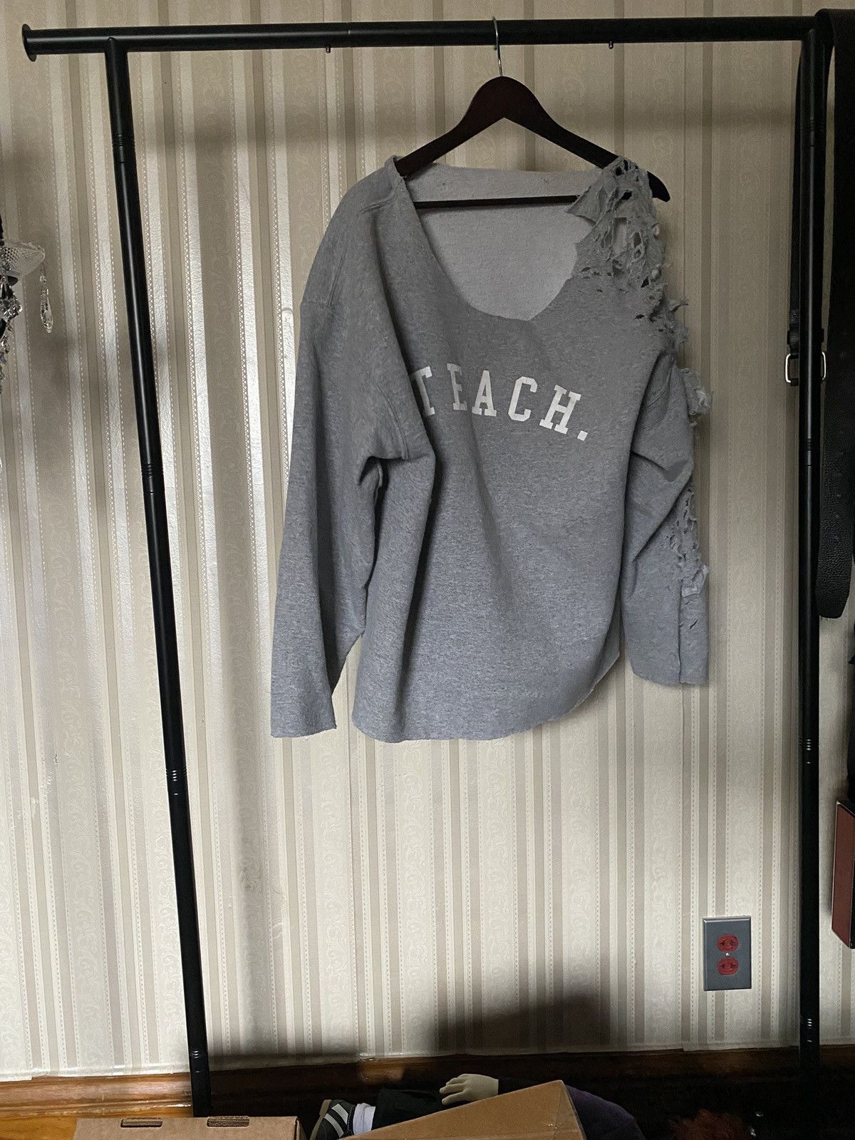 Japanese Brand Thrashed drop neck distressed “Teach.” sweater Size US XL / EU 56 / 4 - 1 Thumbnail