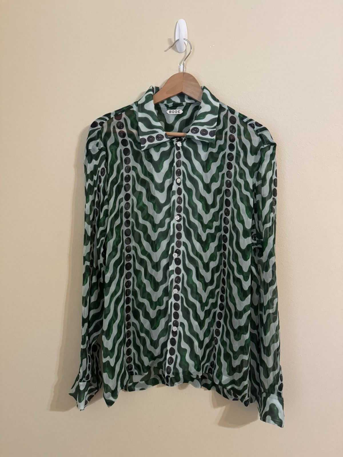 Bode Bode Serpentine Printed Silk Button Up Shirt Green Medium Size US M / EU 48-50 / 2 - 1 Thumbnail