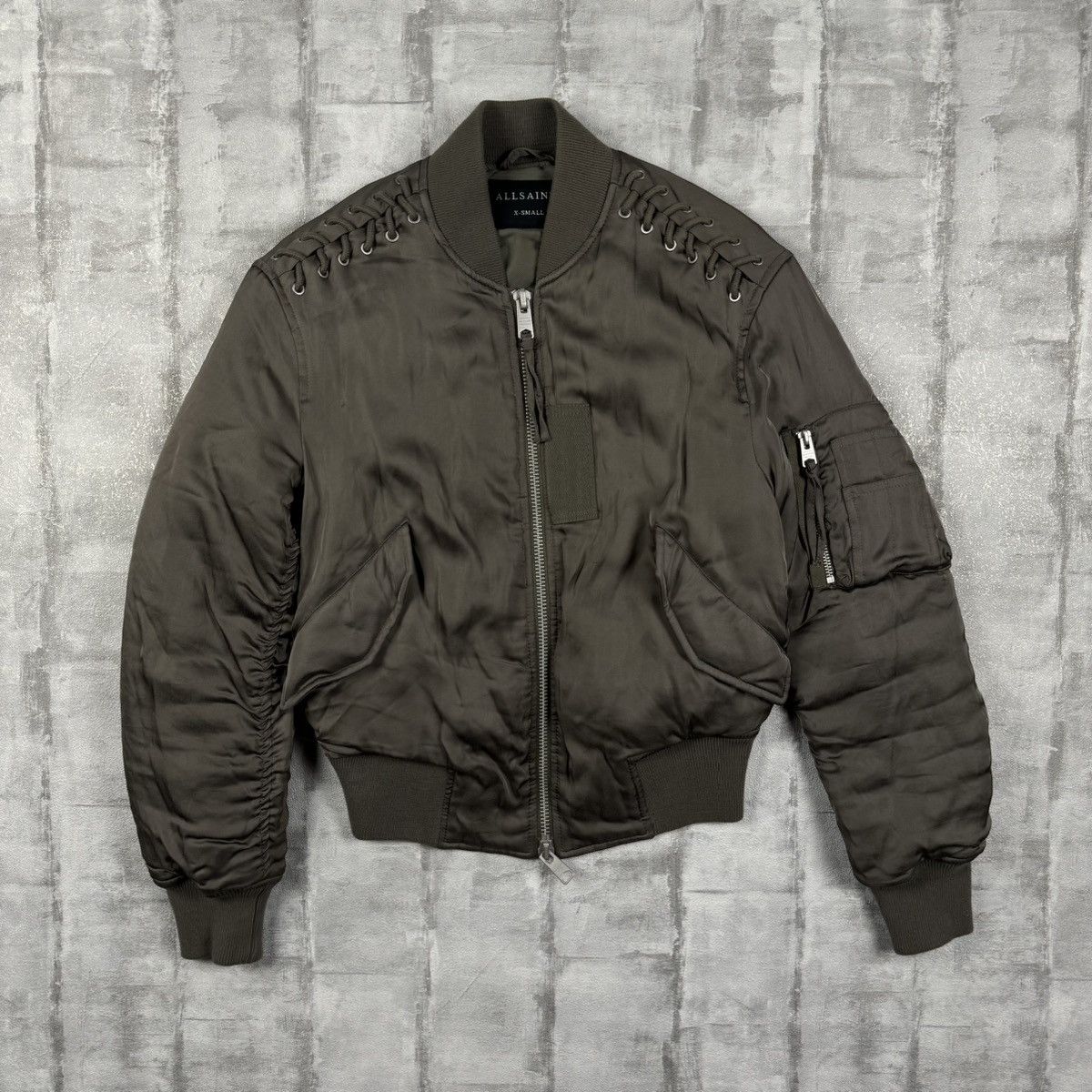 image of Rrp 350$!! Allsaints Women’S Bree Laced Bomber Jacket in Khaki, Women's (Size XS)