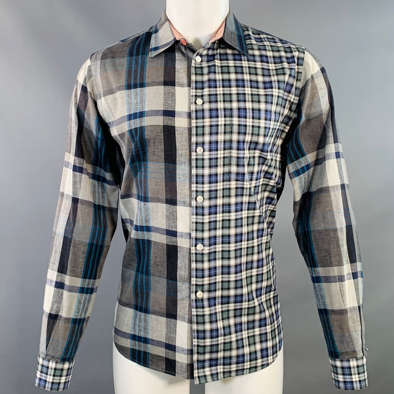 Size M Blue Plaid Cotton Blend Casual Fit Long Sleeve Shirt