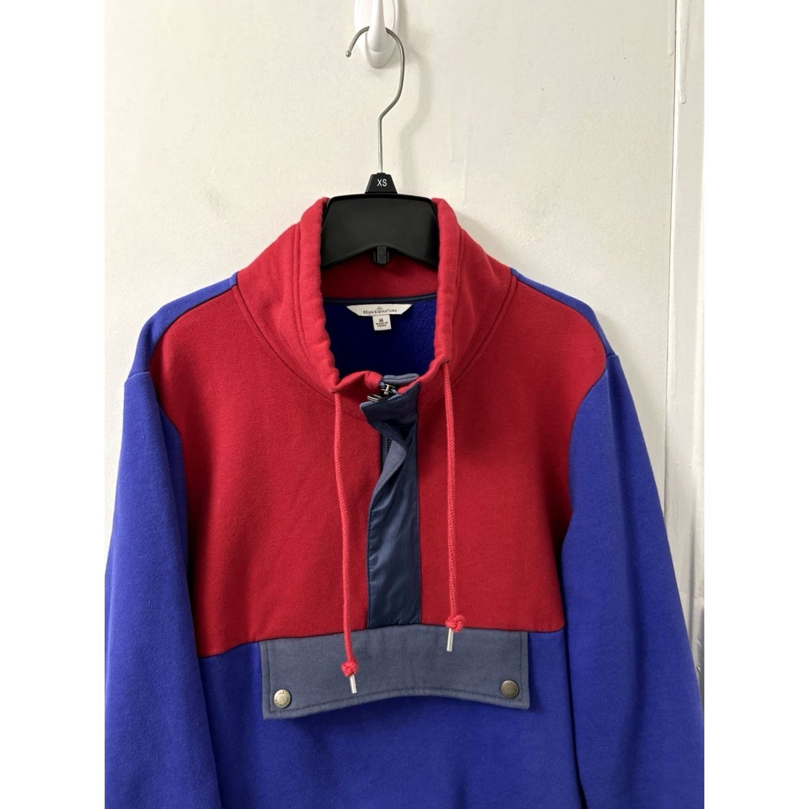 Vintage LL Bean Signature Pullover Womens M Blue Red Organic Cotton Fleece 1/4 Zip Kangaroo Pocket Sweatshirt 26” Regular Fit Size M / US 6-8 / IT 42-44 - 2 Thumbnail