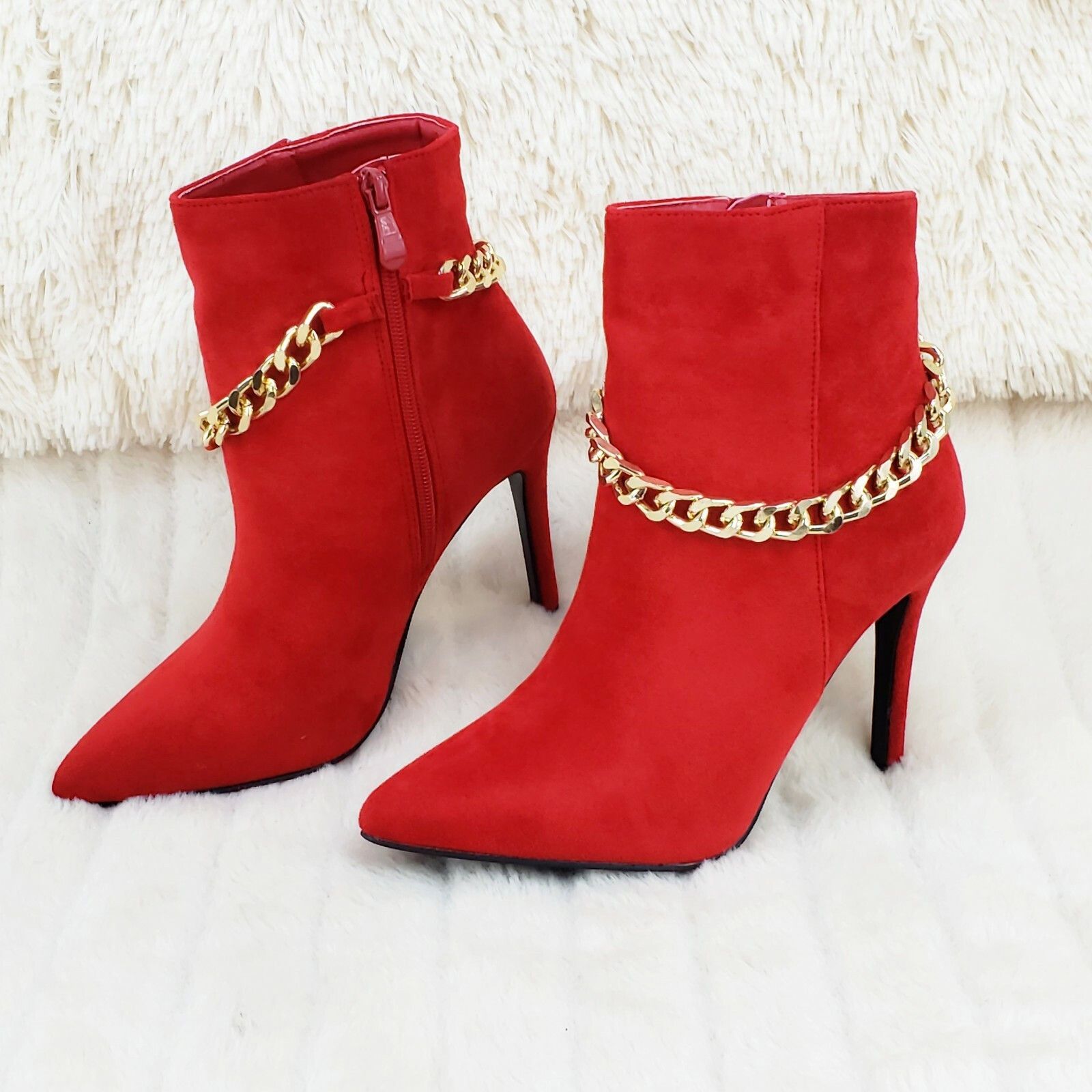 Other Crave Red FX Suede & Chain Sexy Pointy Toe 4" Stiletto High Size US 8.5 / IT 38.5 - 3 Thumbnail
