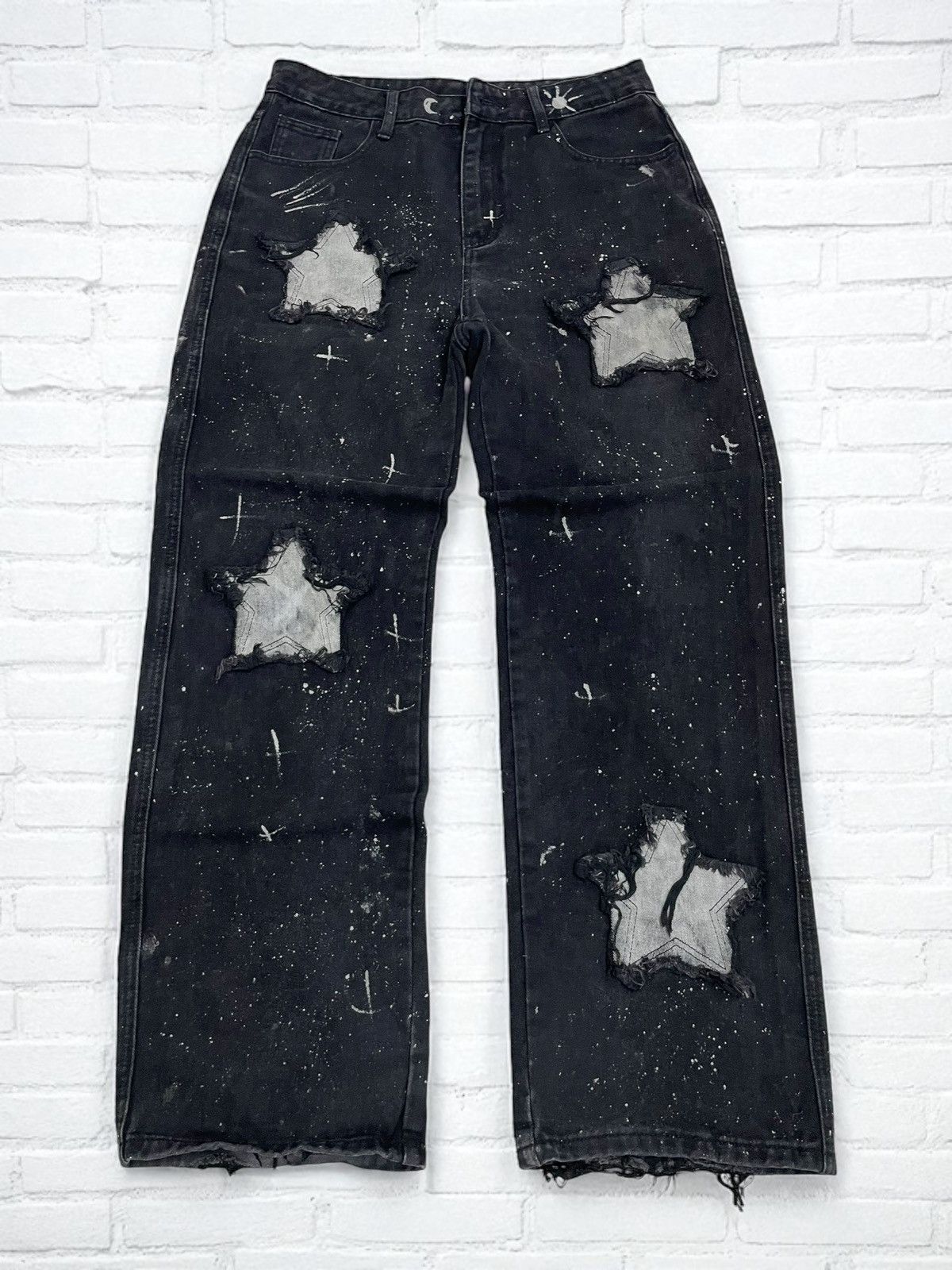 Japanese Brand Wide Distressed Denim Y2K Star Moon Painting Custom Paint Size US 31 - 1 Thumbnail
