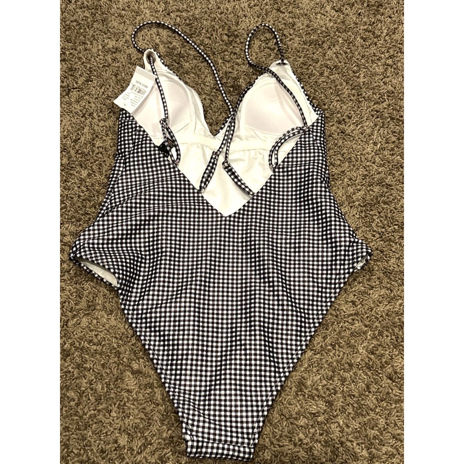 Vintage La Hearts One Piece Swimsuit Women's M NWT Black White Check Bikini Tank Spaghetti Strap Heart Pattern Size ONE SIZE - 4 Thumbnail