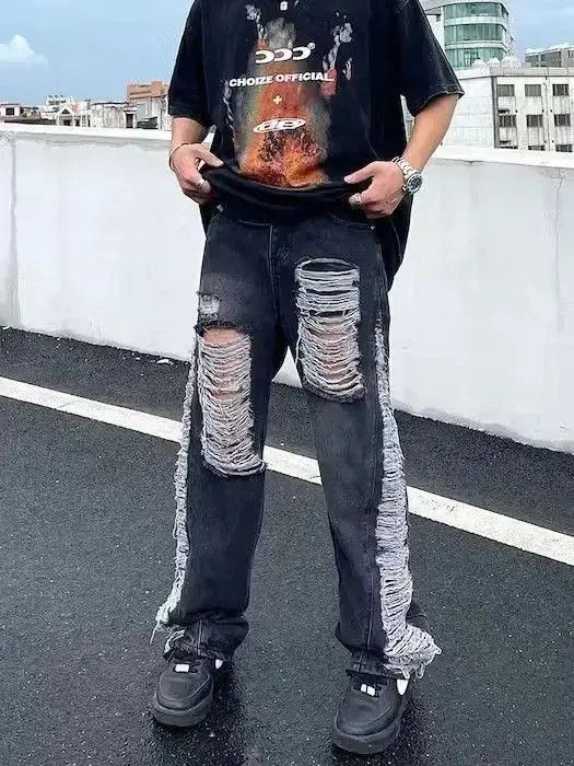 Japanese Brand Black Distressed Baggy Denim Jeans Size US 32 / EU 48 - 5 Thumbnail