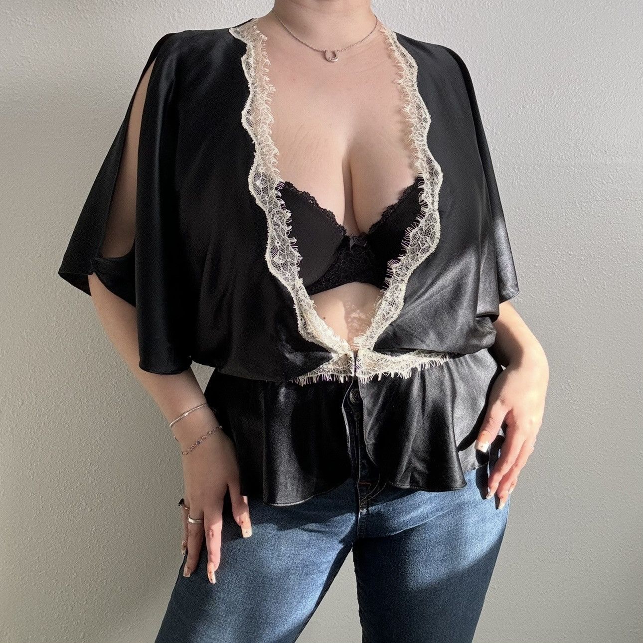 Express EXPRESS Y2K Black Silk White Lace Deep V Neck Blouse Top Size M / US 6-8 / IT 42-44 - 2 Thumbnail