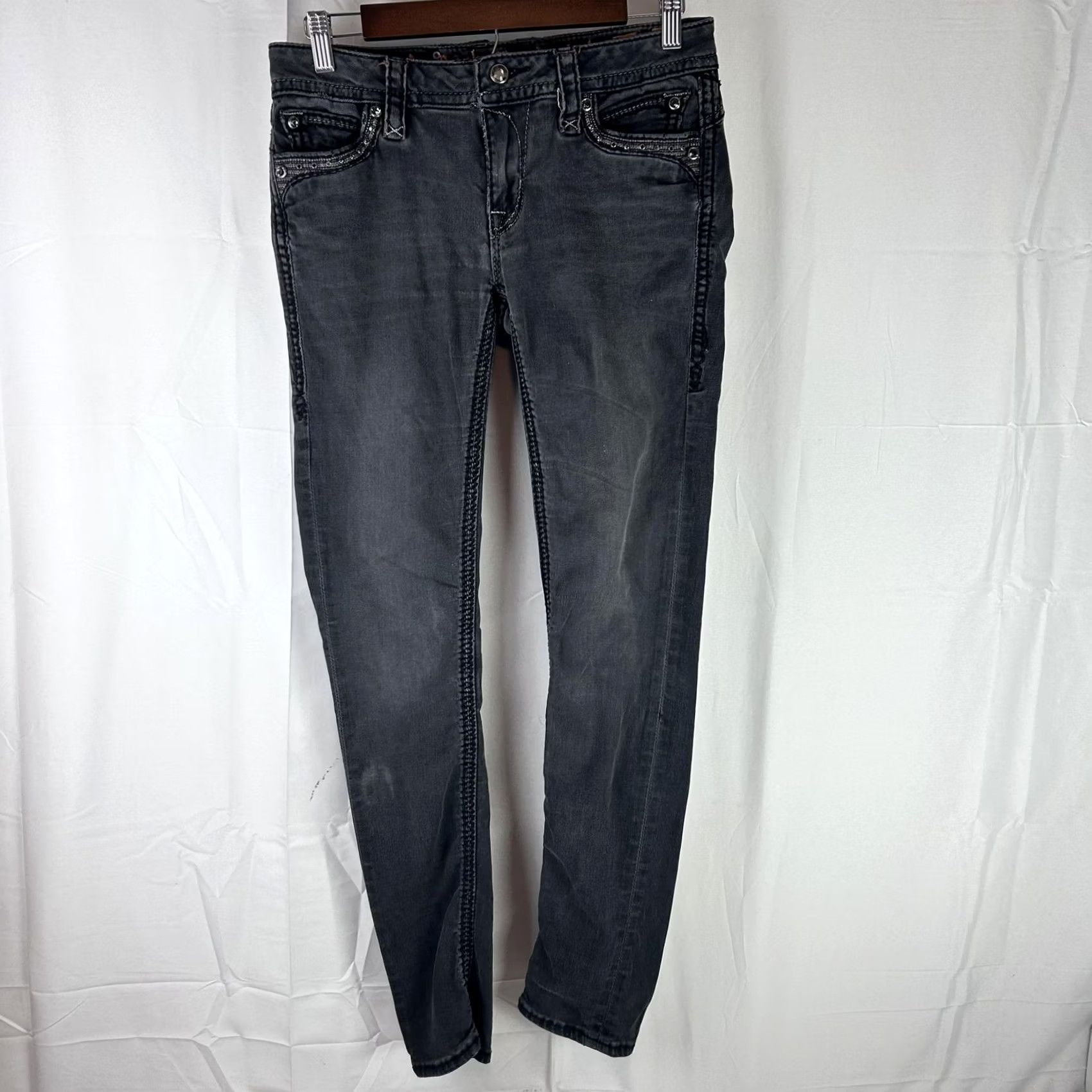 Vintage Rock Revival Eleanor Skinny Jeans Womens 29x30 Gray Rhinestone Embellished Denim Slim 5-Pocket Zip Fly Womens Size 29" - 2 Thumbnail