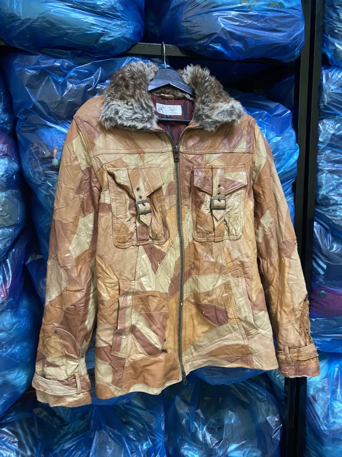 Japanese Brand Patchwork Leather Faux Fur Collar - “ALL THE WAY” Distressed Size M / US 6-8 / IT 42-44 - 3 Thumbnail