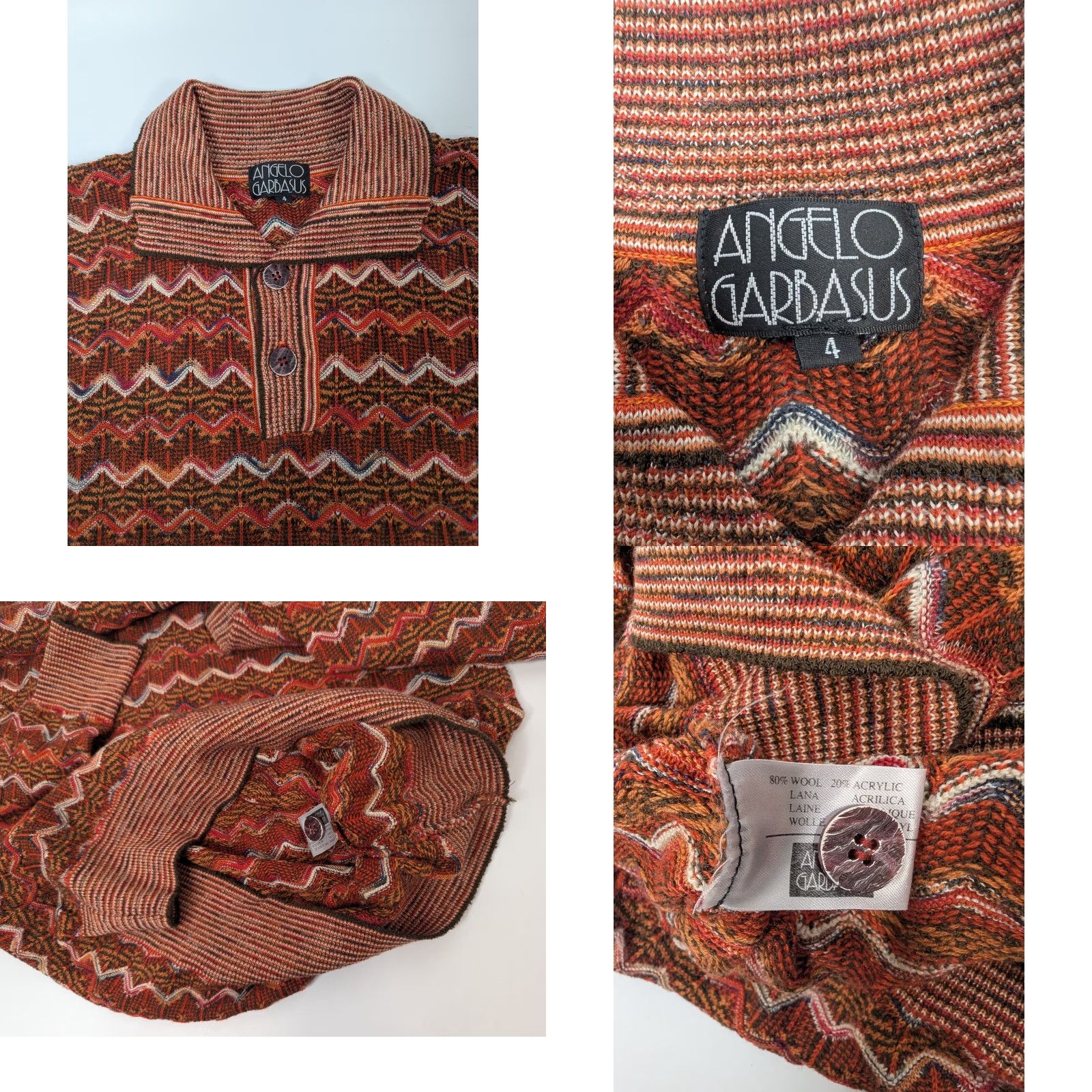 Vintage Angelo Garbasus Polo Long Sleeve Sweater Men’s 4 Collar Pullover Textured Wool Rust Geometric Knit Long Sleeve Wool Polo Sweater Mens 4 Size US S / EU 44-46 / 1 - 8 Thumbnail