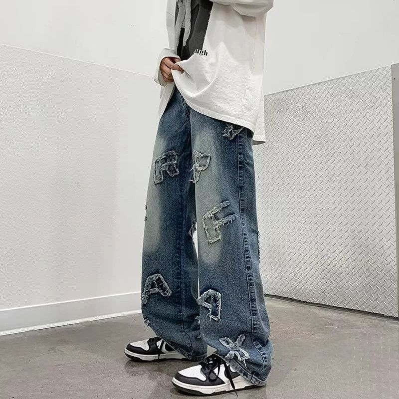 Jean American hiphop men's loose patch washed wide-leg jeans Size US 32 / EU 48 - 3 Thumbnail