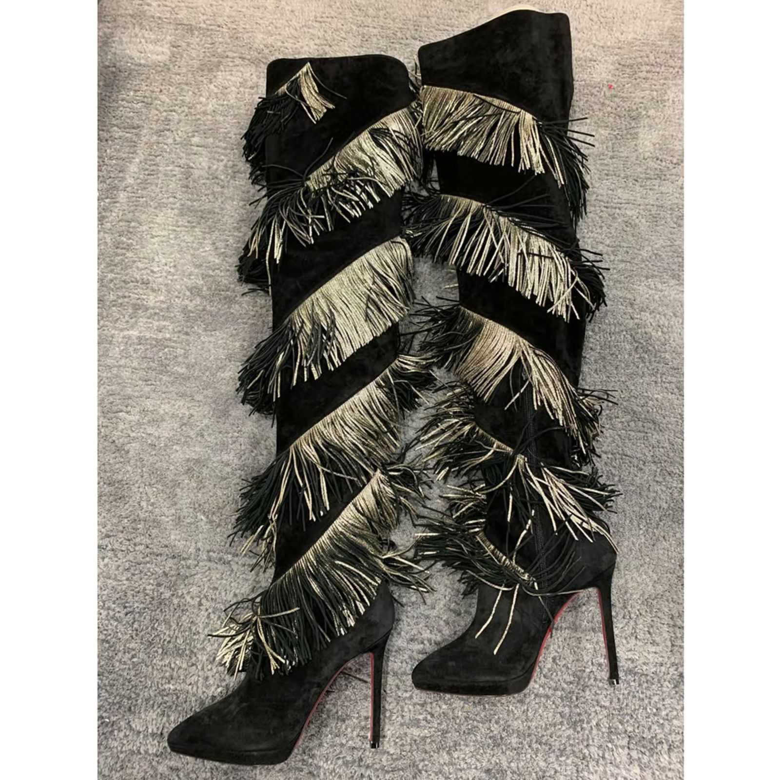 Christian Louboutin Christian Louboutin Bolcheva 120 Black Gold Fring Thigh High Size US 10.5 / IT 40.5 - 11 Thumbnail