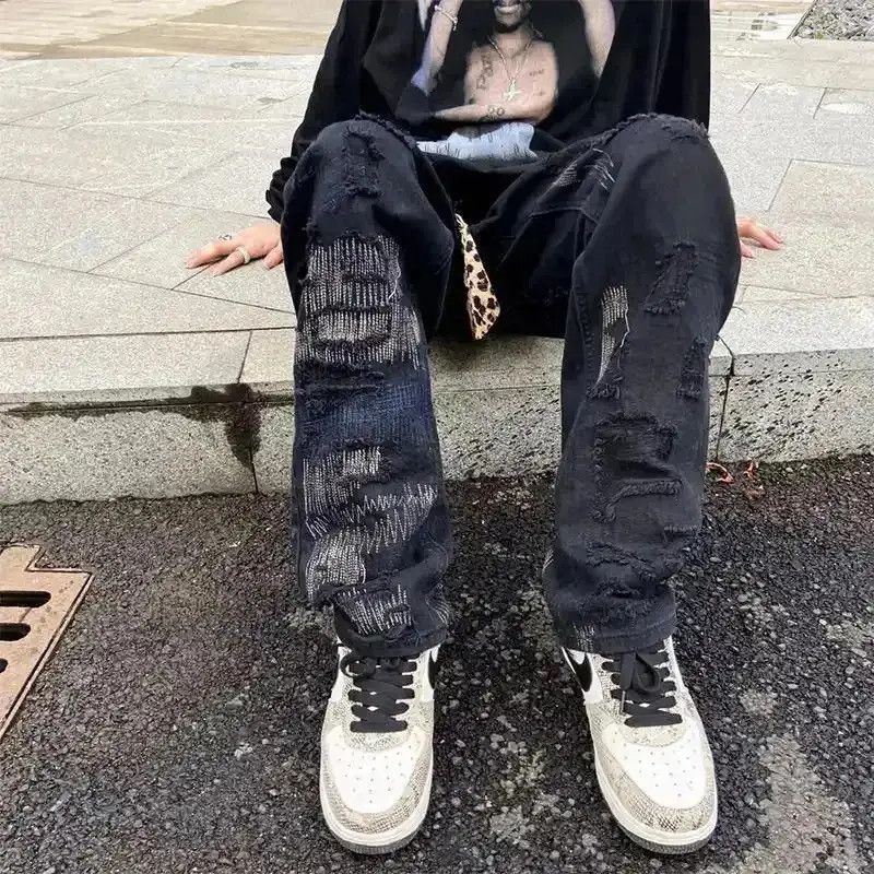 Japanese Brand Embroidered patch hole straight jeans stitching jogging pant Size US 32 / EU 48 - 6 Thumbnail