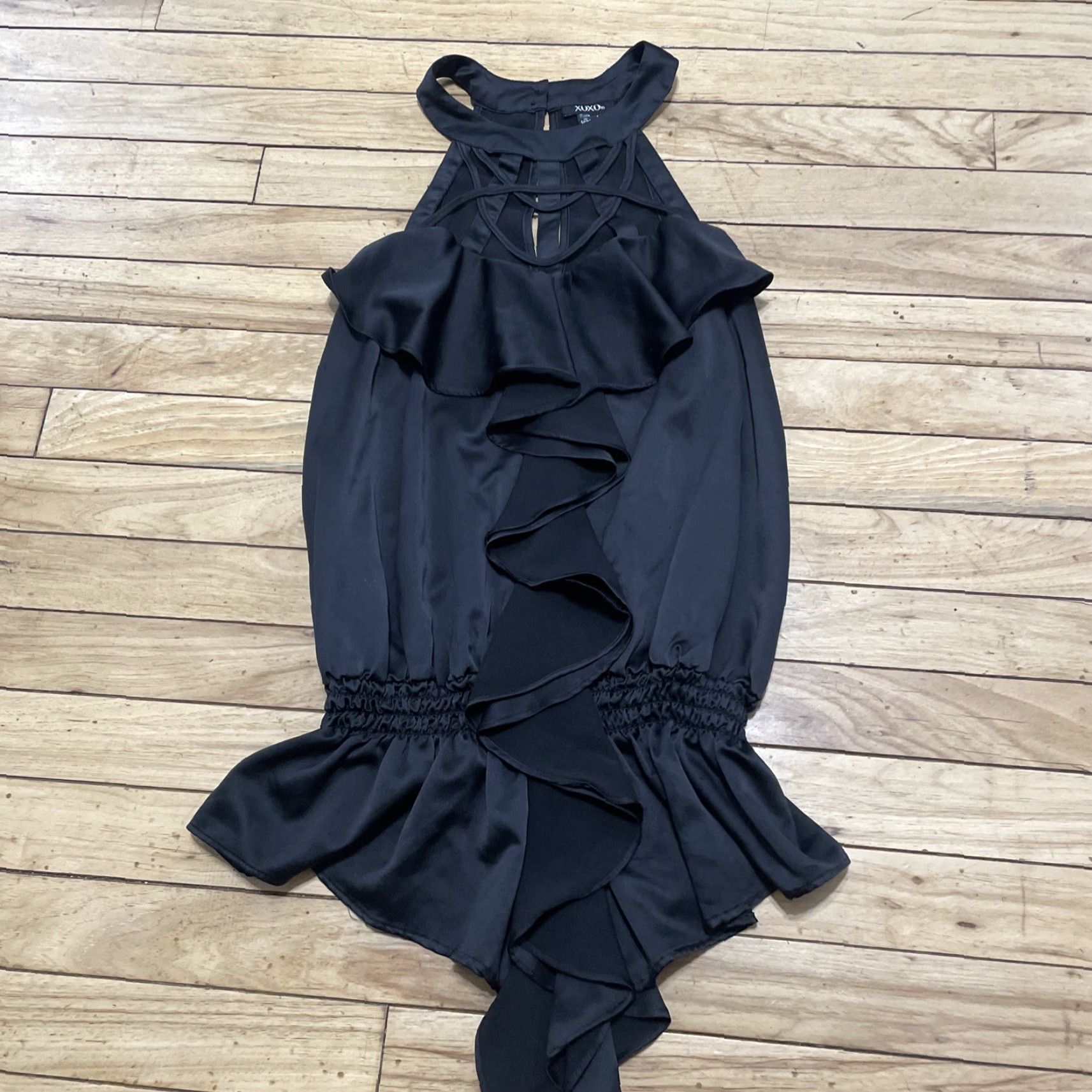 XOXO VINTAGE XOXO Blouse Shirt Women L Black Satin Sheer Ruffle Halter Top Fairy Grunge Romantic 90s Style Seasonal Black Womens Size L / US 10 / IT 46 - 3 Thumbnail