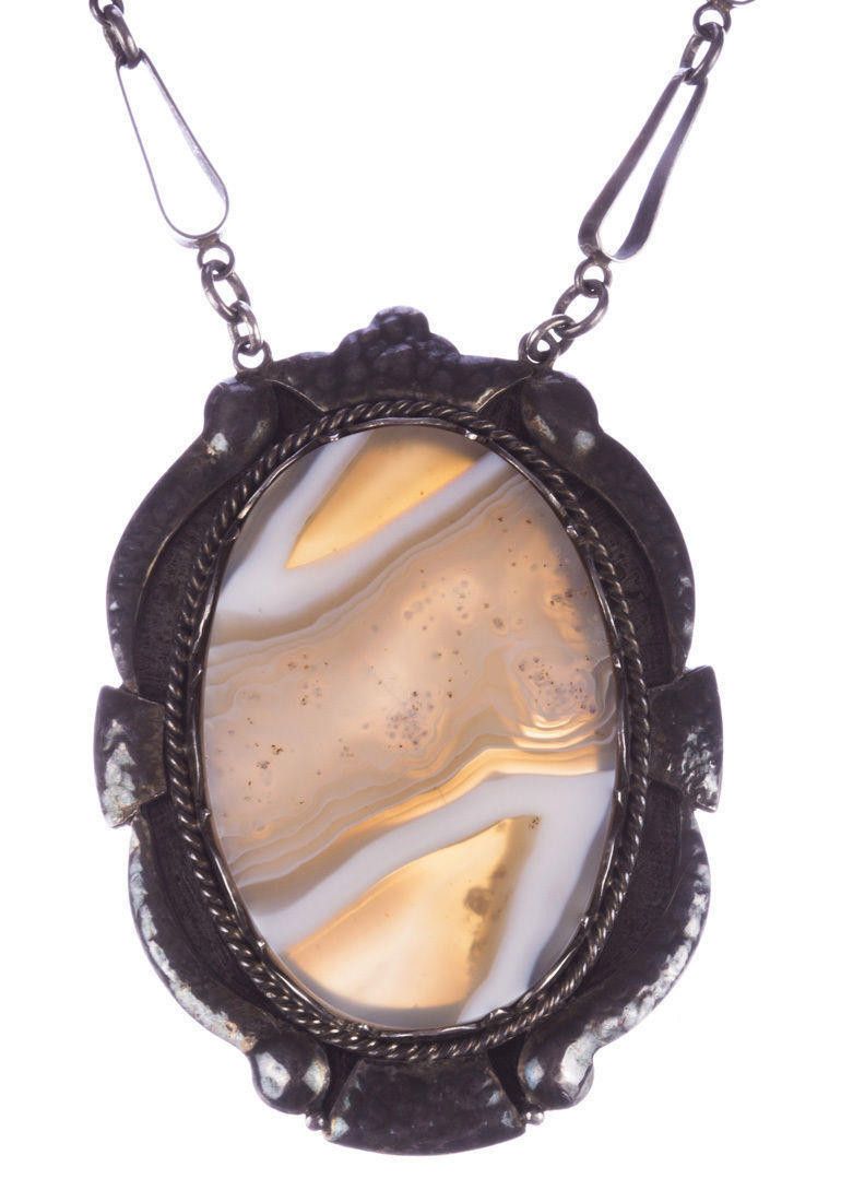 Designer Russian Sterling Silver Gray and White Bezel Agate Necklace Size ONE SIZE - 1 Thumbnail