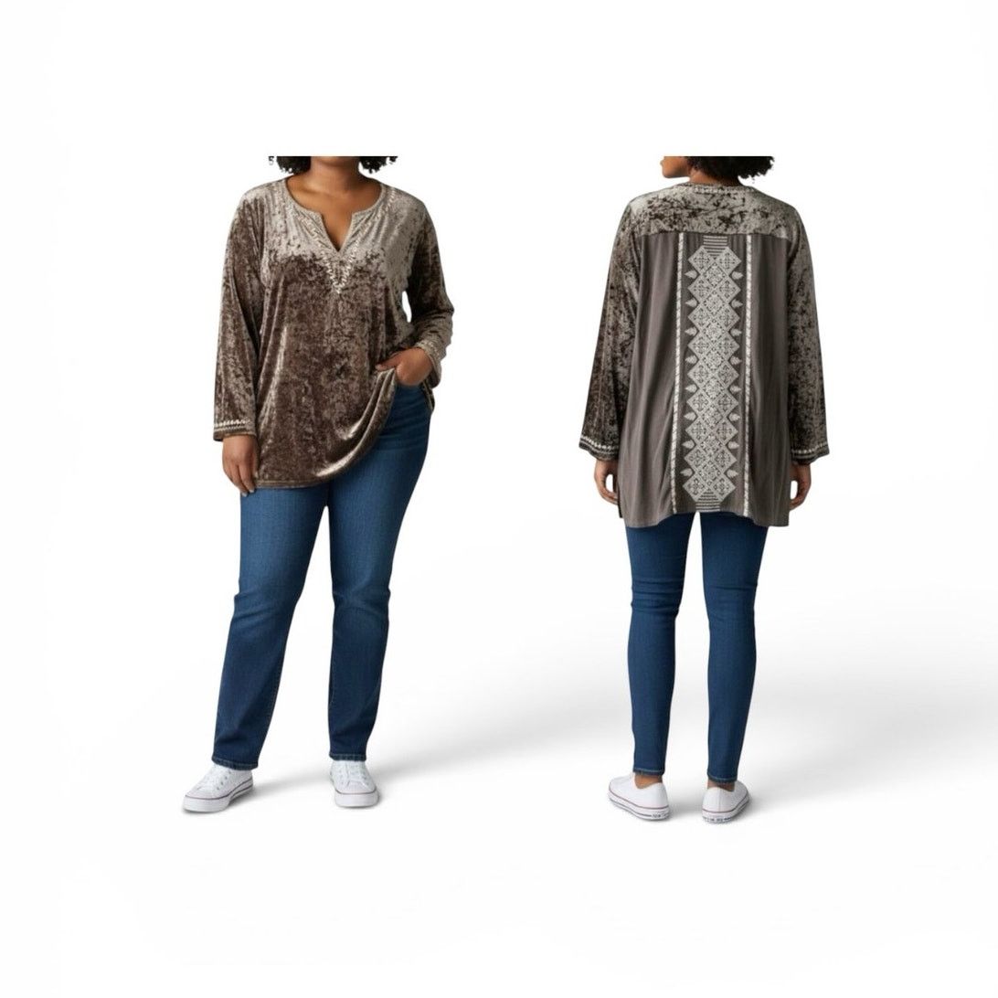 Other Andrée by Unit crushed velvet embroidered tunic blouse Size L / US 10 / IT 46 - 1 Thumbnail