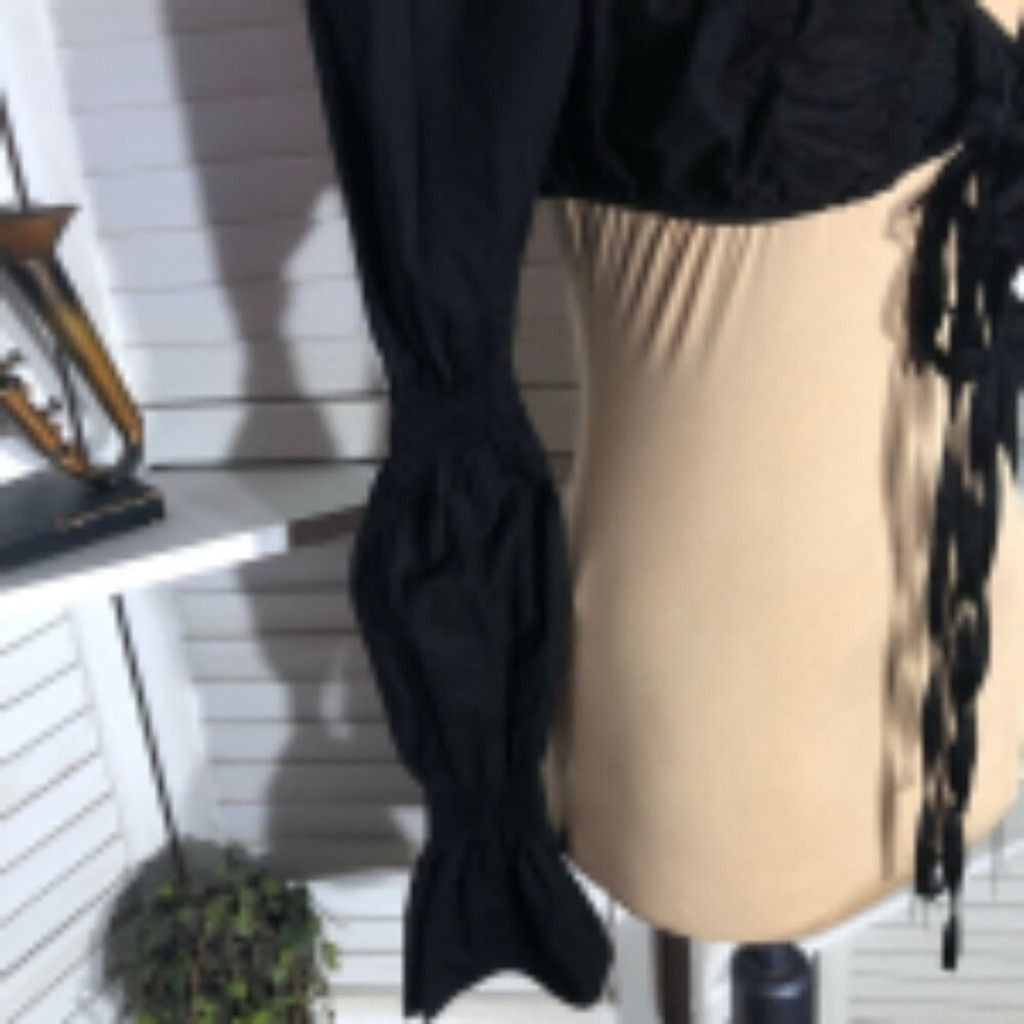 Vintage Boho Cropped Top Tie Front Ruched Puff Long Sleeve Black L Size L / US 10 / IT 46 - 4 Thumbnail