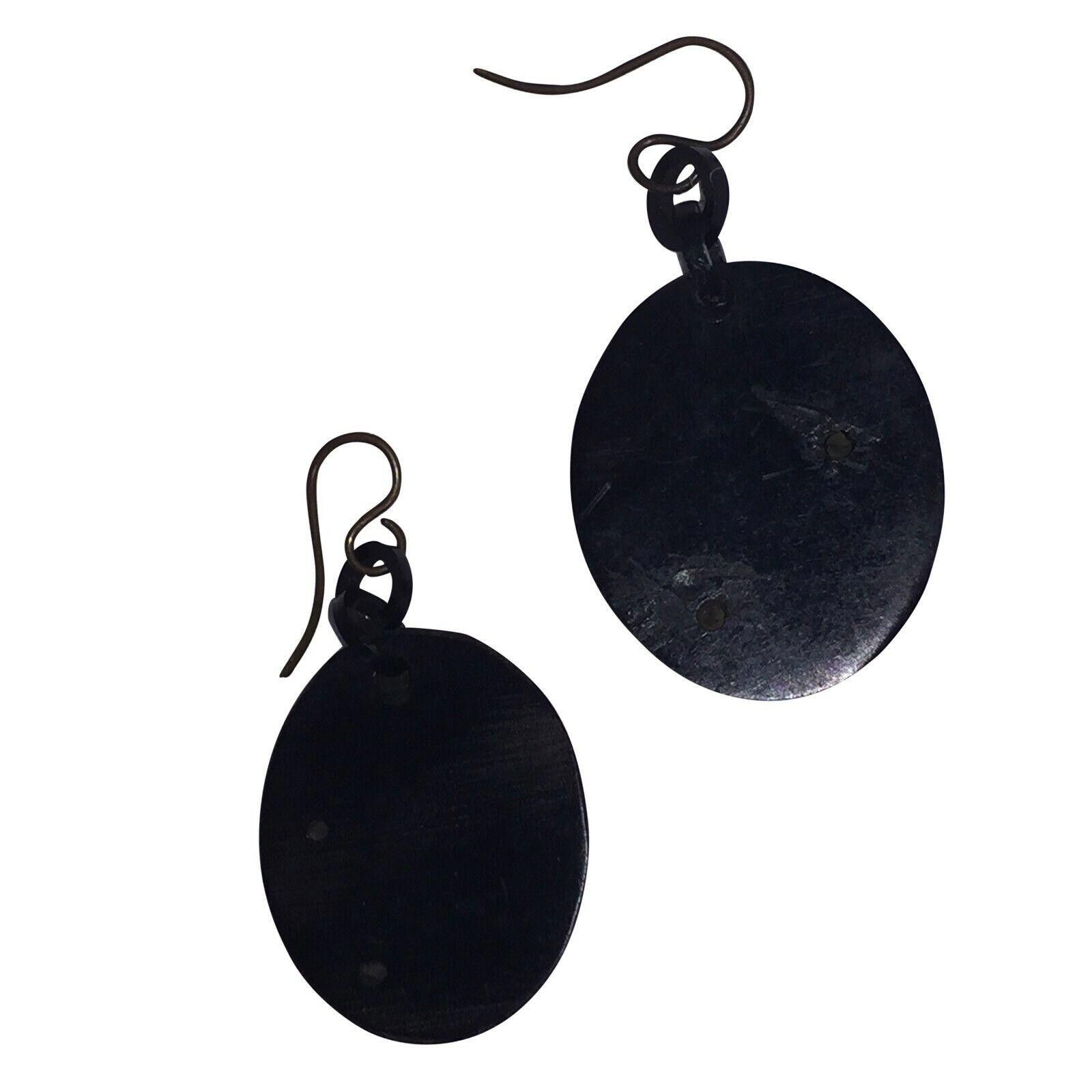 Designer Victorian Vulcanite Oval Flower and Leaves Dangle Earrings Size ONE SIZE - 3 Thumbnail