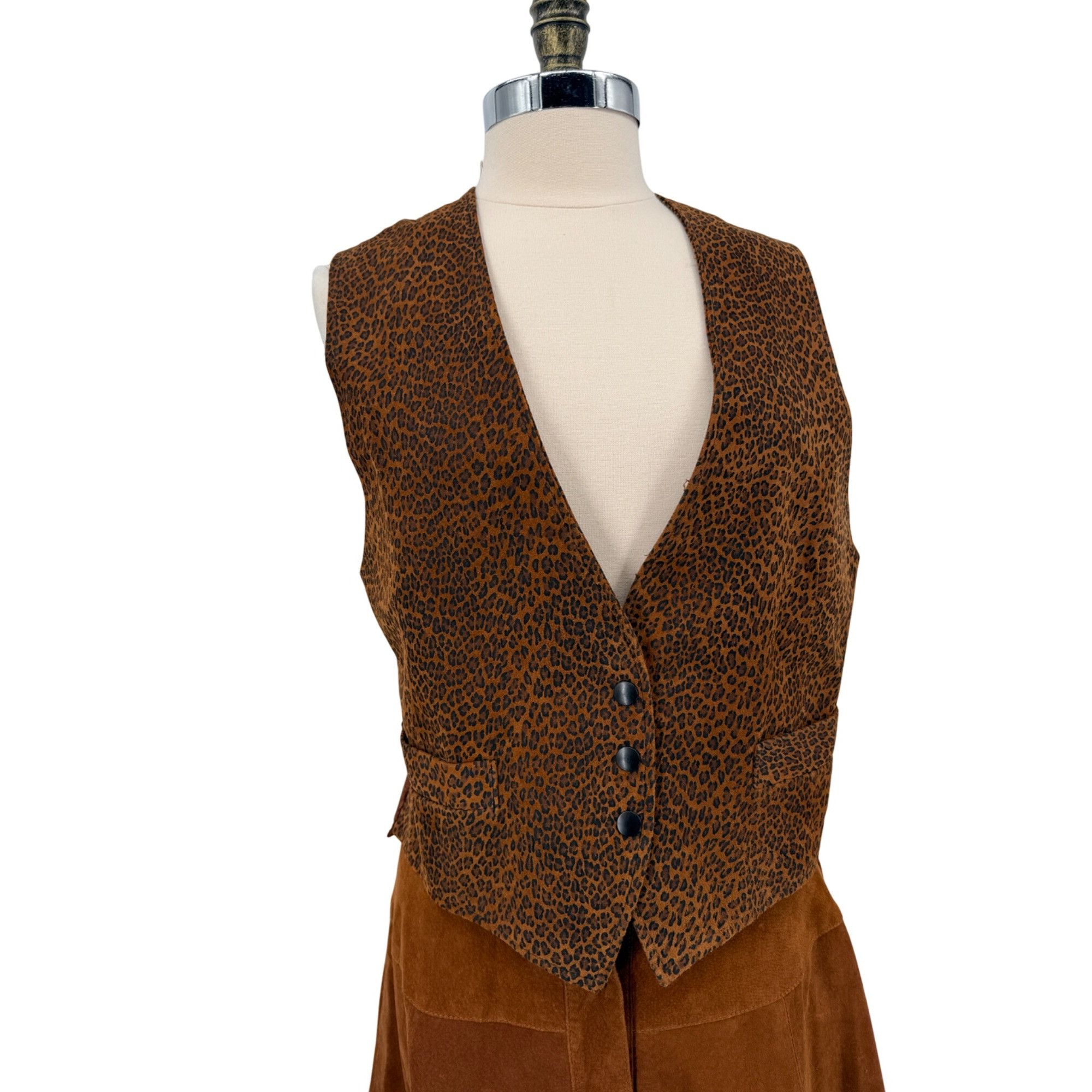 Other Vintage Brown Leopard Print Vest & Suede Skirt Set Button De Size 28" / US 6 / IT 42 - 4 Thumbnail
